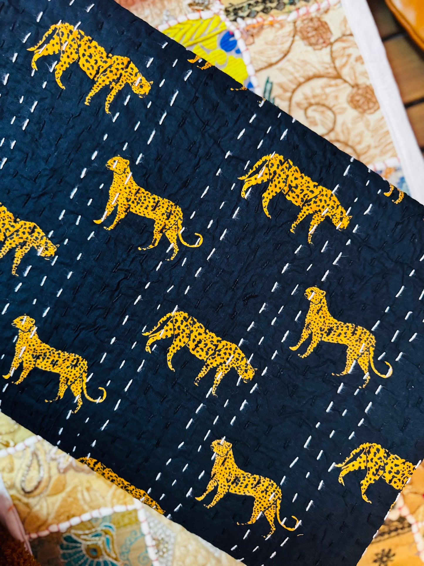 Golden Prowl – Black Cheetah Handblock Printed Kantha Quilt | 100% Cotton | Handmade