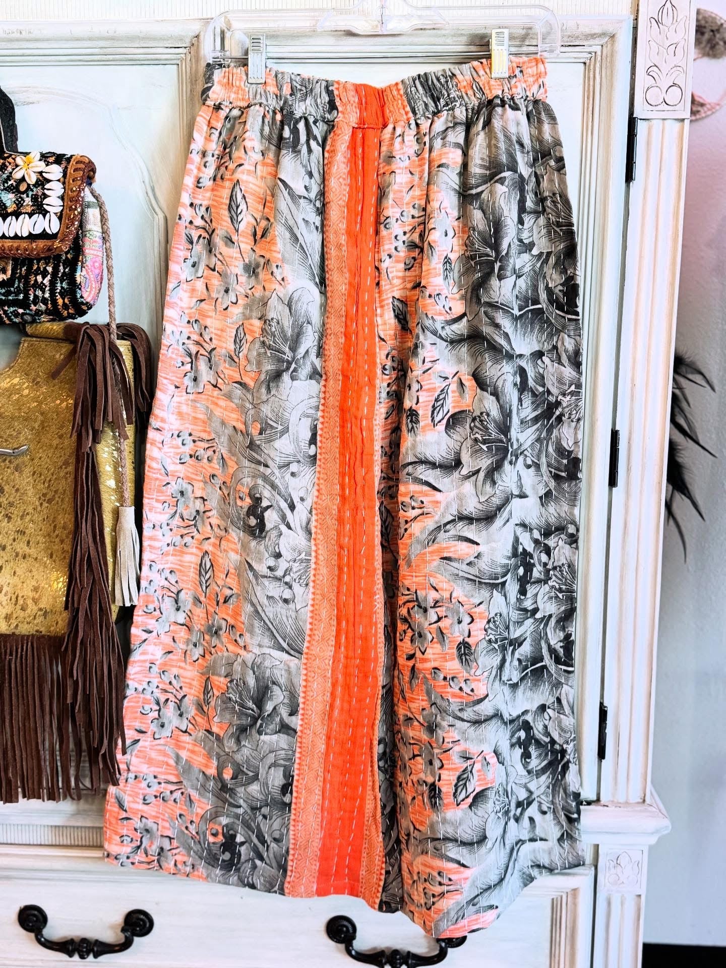 Charcoal Bloom – Handmade Kantha Cotton Pants | Wide Leg Boho Trousers