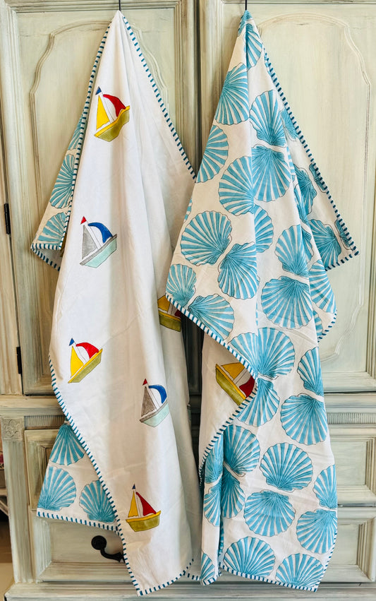 Reversible Cotton Dohar – Sailboats & Shells | Handmade Toddler Blanket
