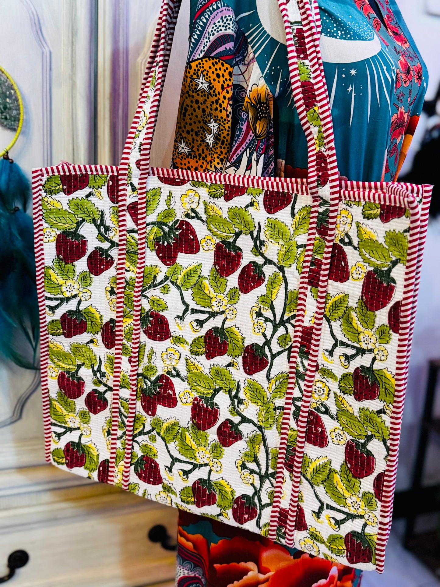Strawberry Fields Tote – Handmade Quilted Cotton Bag | Boho Everyday Tote