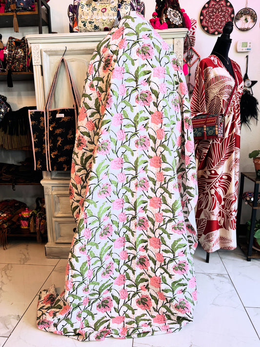 Blush Meadow – Pink Floral Handblock Printed Kantha Quilt | 100% Cotton | Handmade