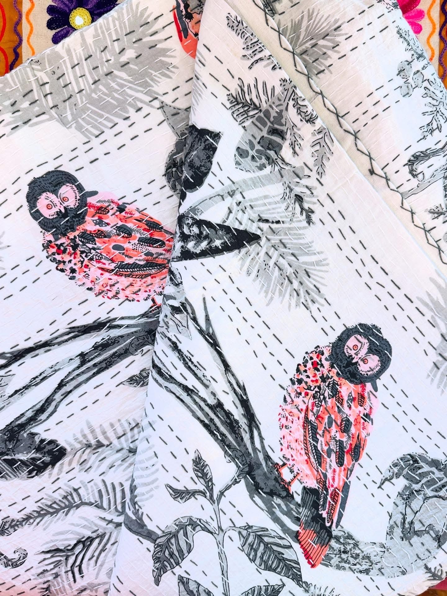 Owl Family – Handblock Printed Kantha Quilt – 100% Cotton | Handmade