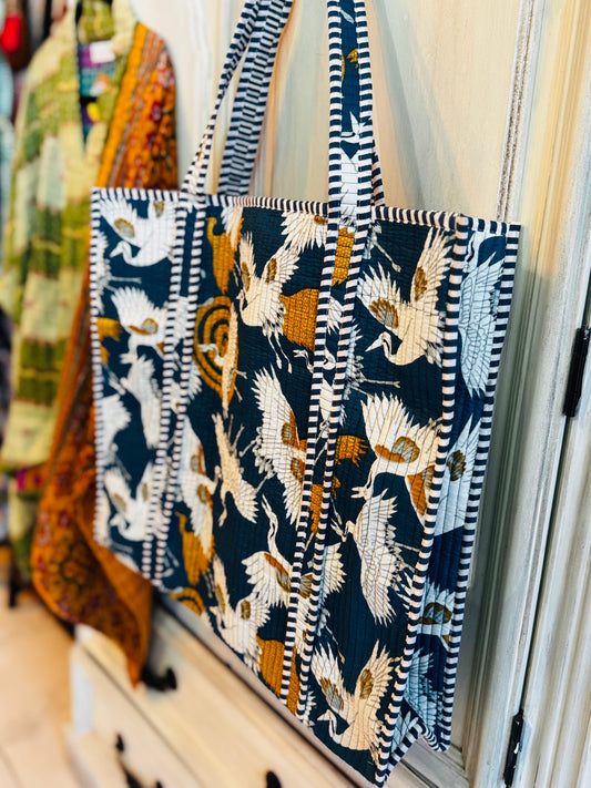 Azure Crane Flight Quilted Tote – Blue Crane Print Cotton Tote Bag, Hand Block Printed, Large Reversible Shopper with Pocket