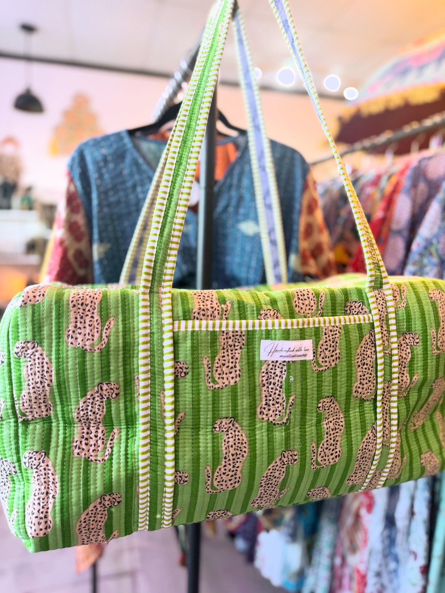 Verdant Safari Weekender – Handmade Quilted Cotton Duffle | Green Jungle Travel Bag