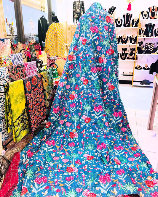Enchanted Garden – Blue Handblock Printed Kantha Quilt – 100% Cotton | Handmade