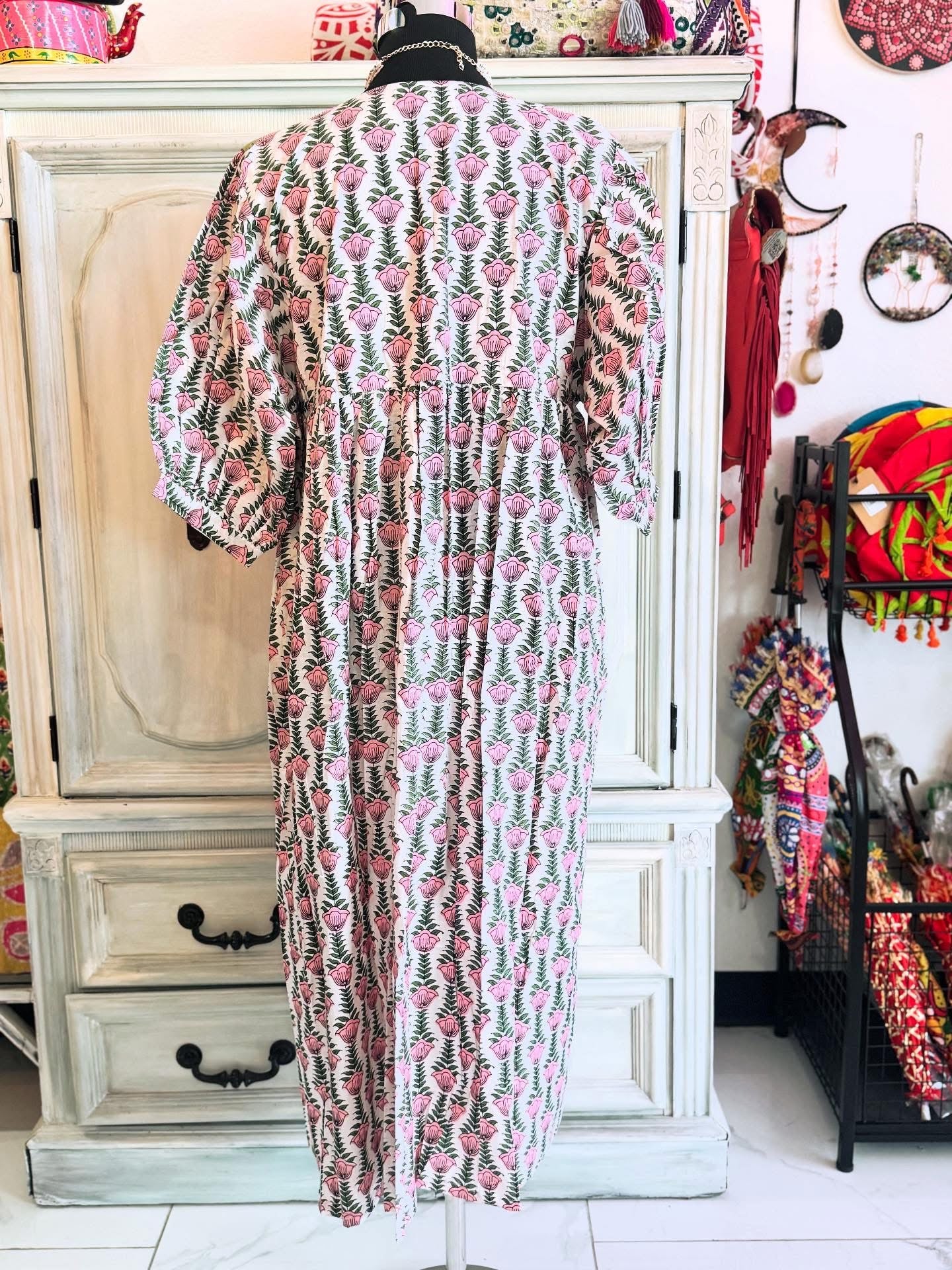 Olive Petal - Mixed Print Cotton Dress - Pink and Olive Tones