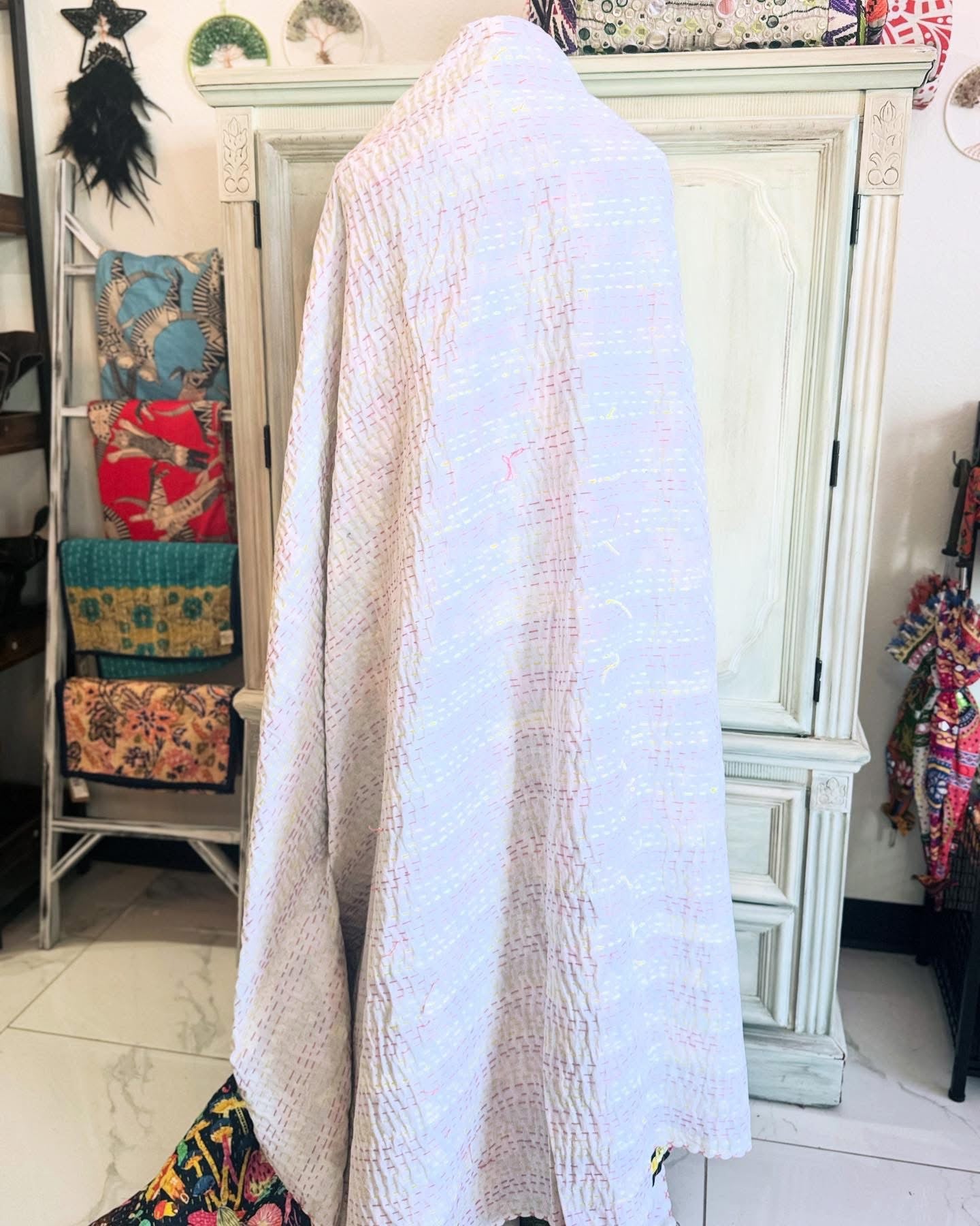 White backing of Mushroom Magic Quilt in twin size and perfect as a throw