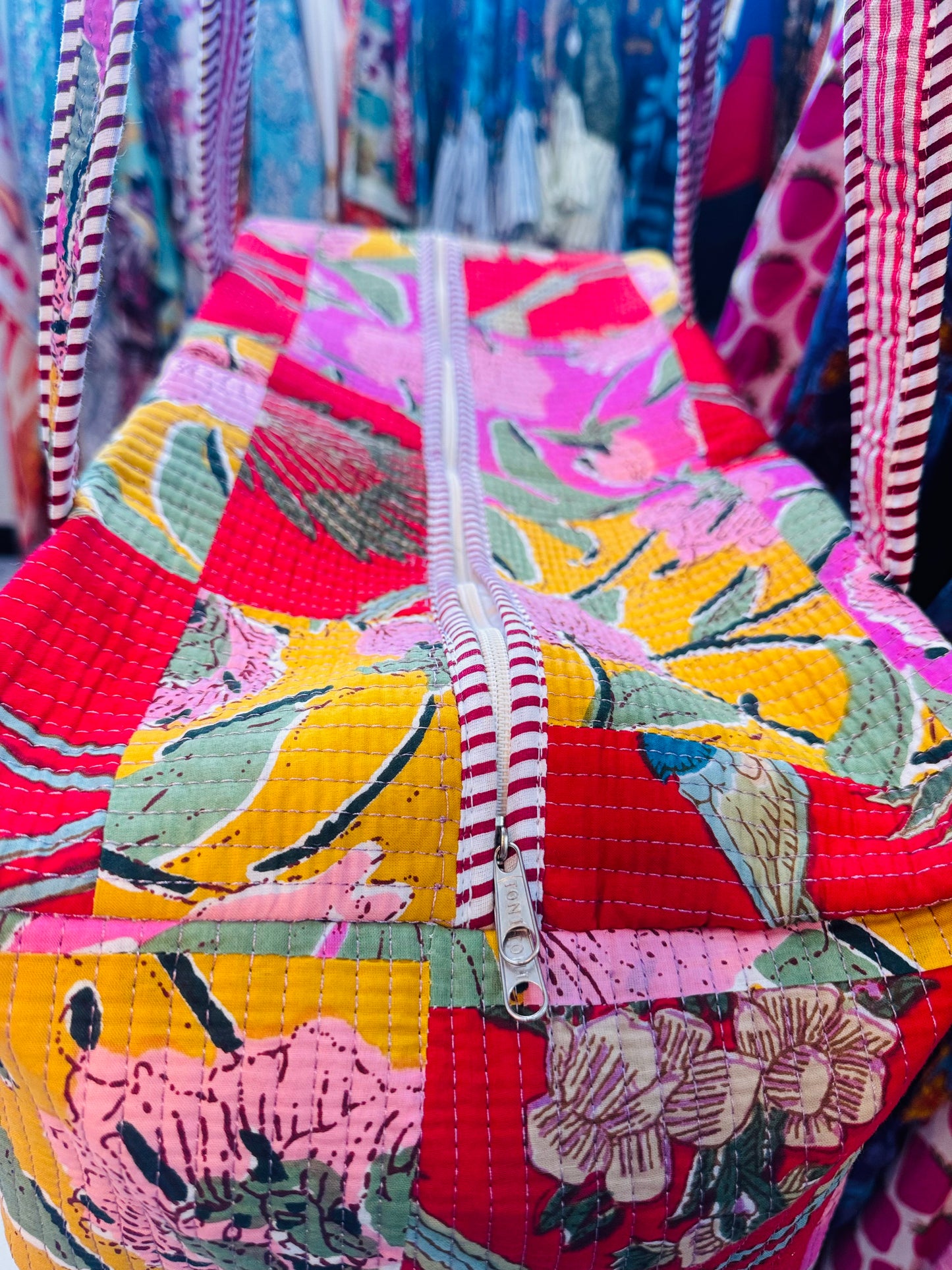 Red & Pink Patchwork Quilted Duffel Bag – Handmade Floral Bird Print Weekender Bag