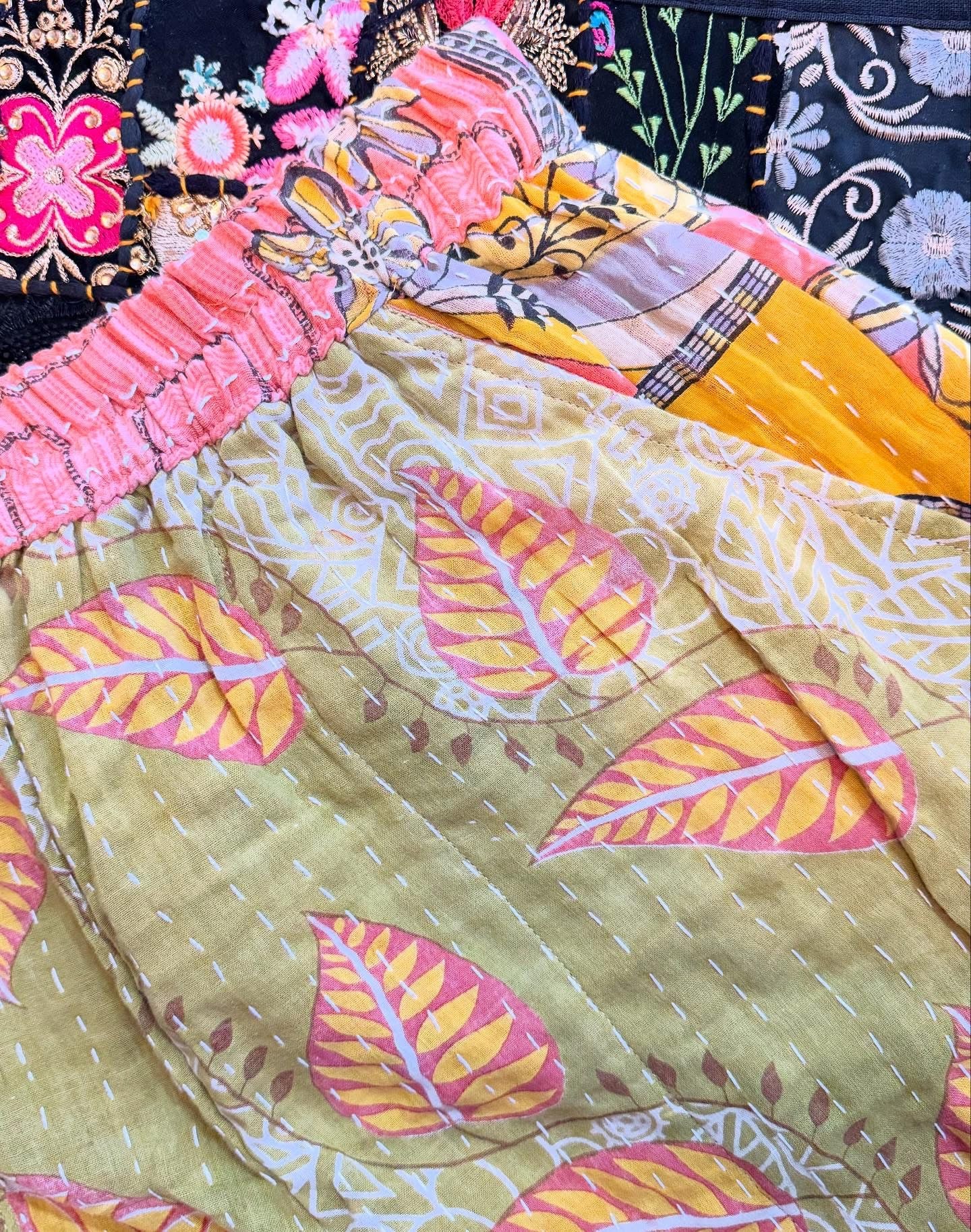 Olive Leaf – Handmade Kantha Cotton Pants | Wide Leg Boho Trousers