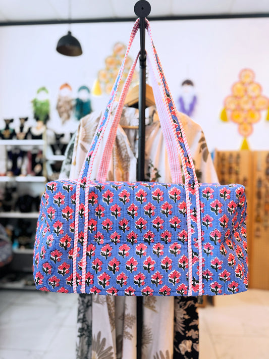 Blue Floral Quilted Duffel Bag – Handmade Block Print Weekender Cotton Travel Bag