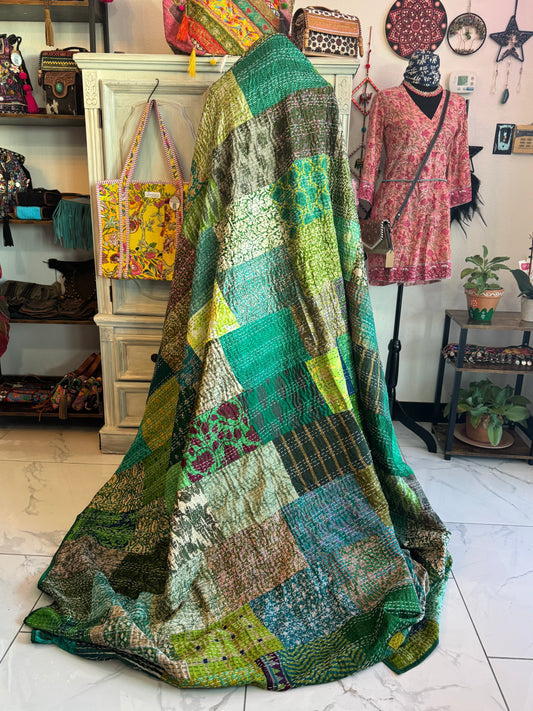 Silk Patchwork Kantha - Green-Queen/ King