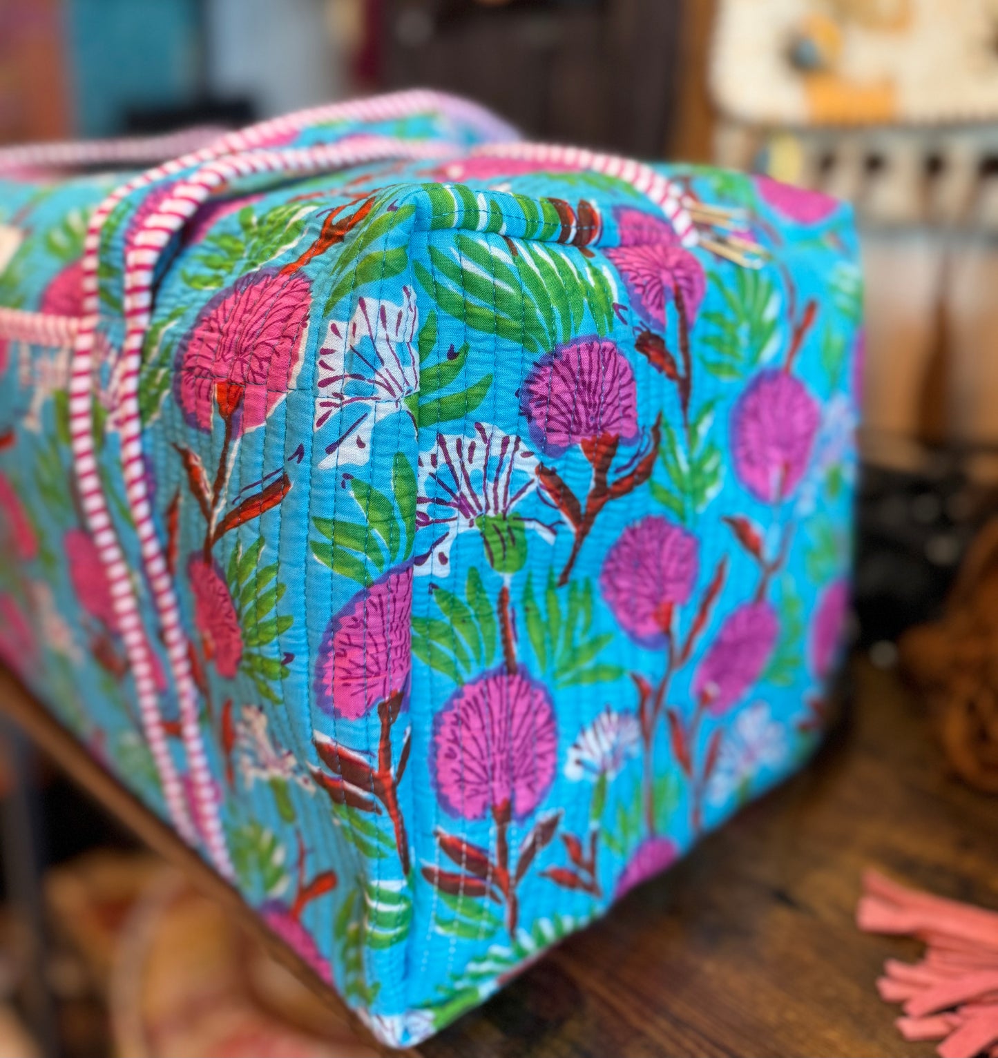 Handmade Quilted Weekender Bag – Blue Floral Print Travel Duffel