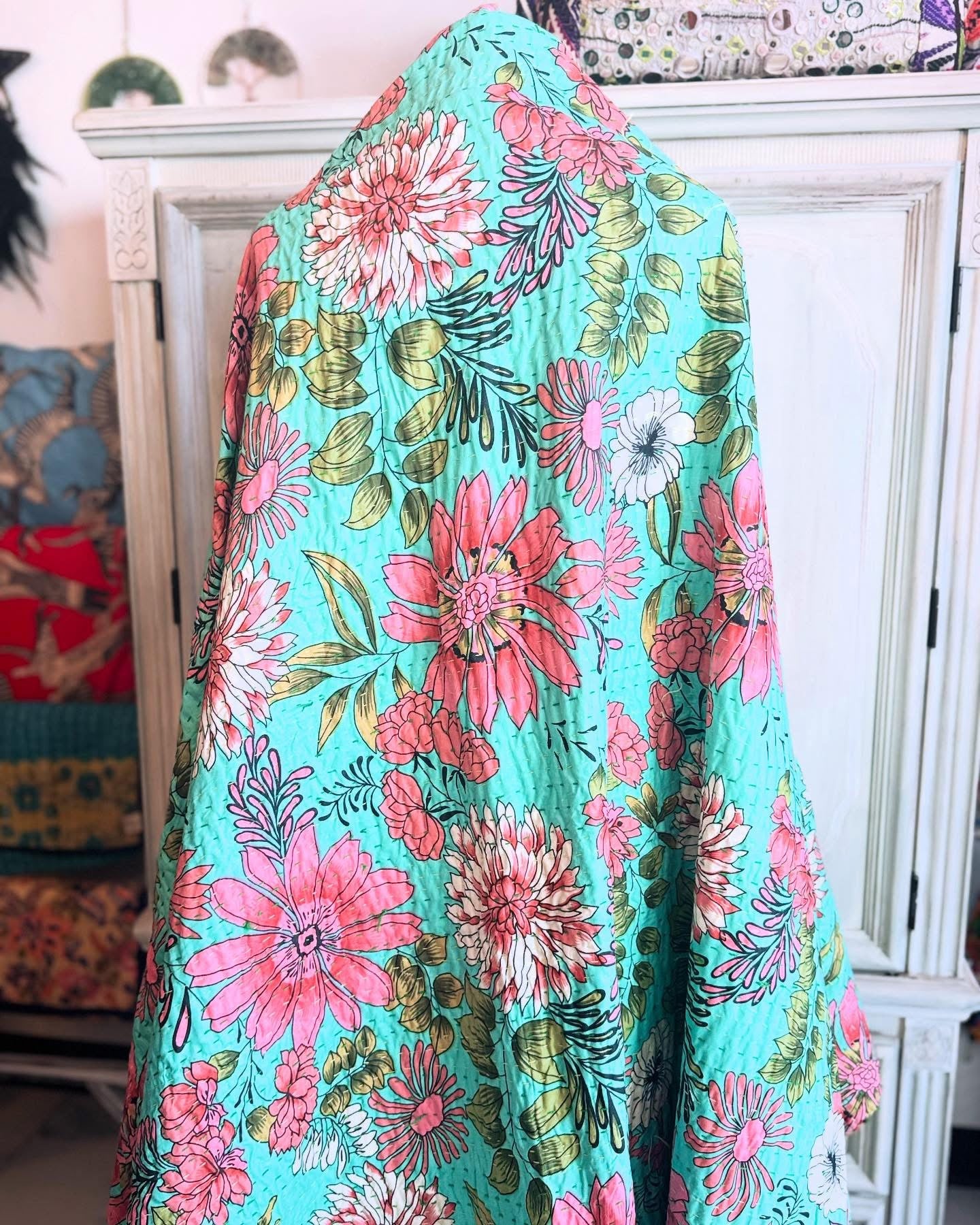 Big Flowers- Teal- Handblock Printed Kantha Quilt | Cotton | Handmade