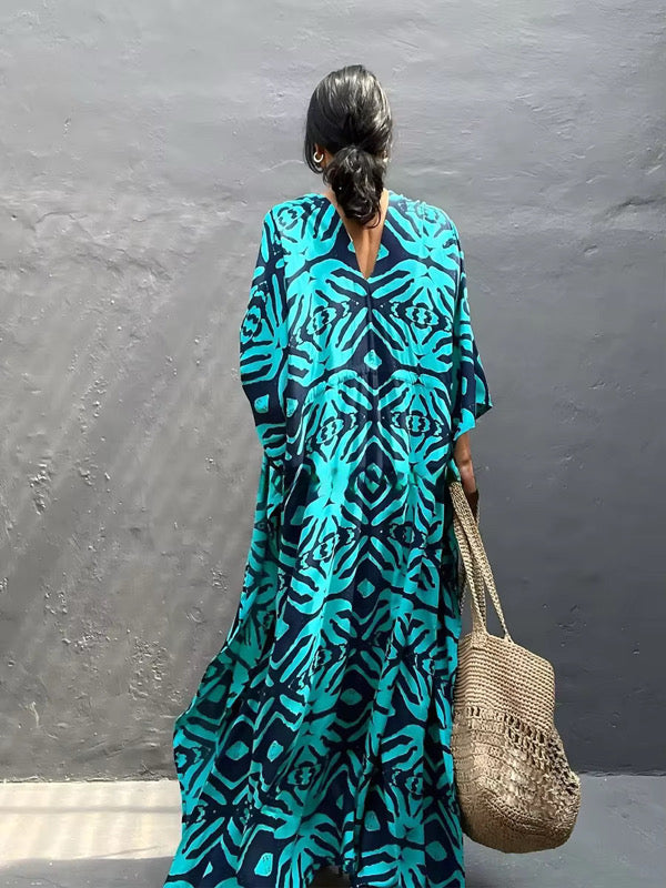 Aqua Tribal Drawstring Kaftan – Adjustable Waist, Soft & Flowy