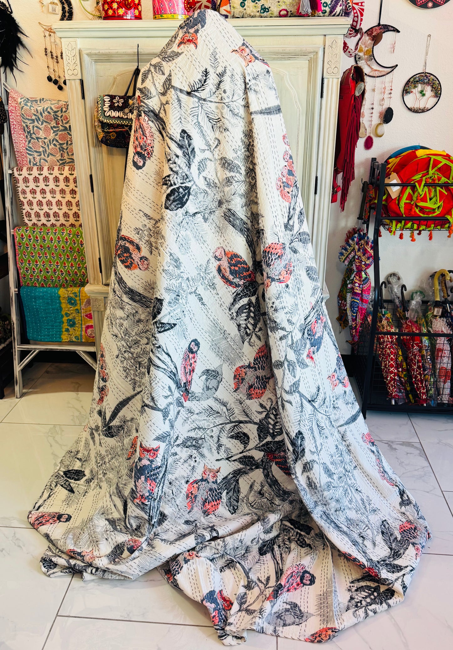 Owl Family – Handblock Printed Kantha Quilt – 100% Cotton | Handmade