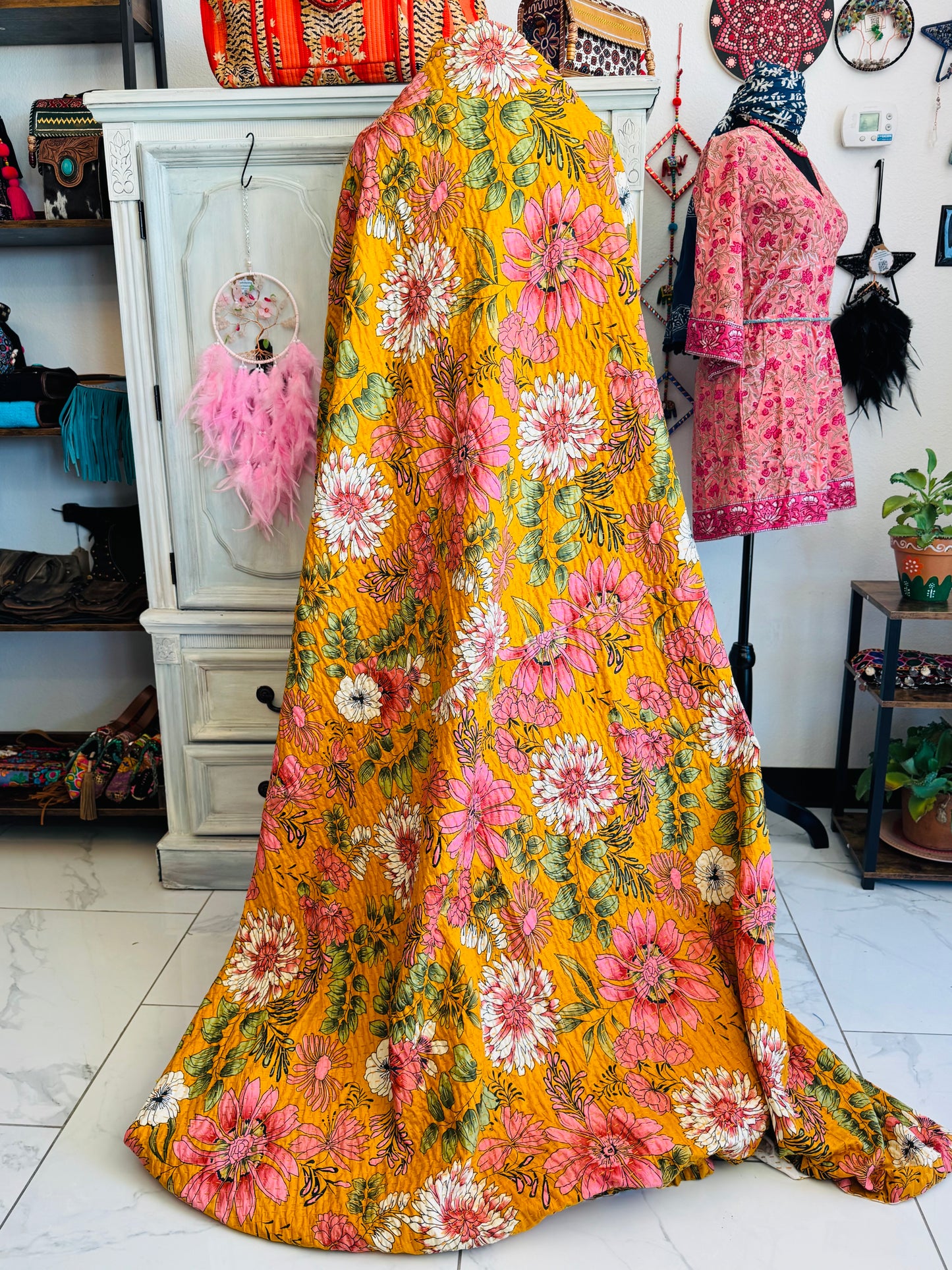 Golden Flora – Handblock Printed Kantha Quilt | Cotton | Handmade | Full Size