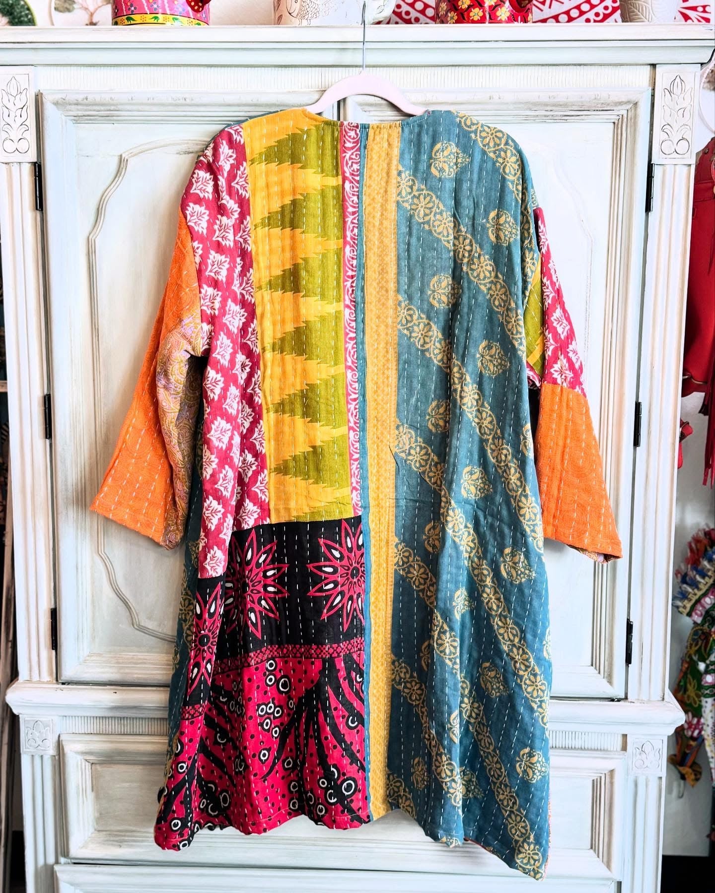 Backside of multi color kantha kimono made of saree quilts. 100% cotton and handmade.