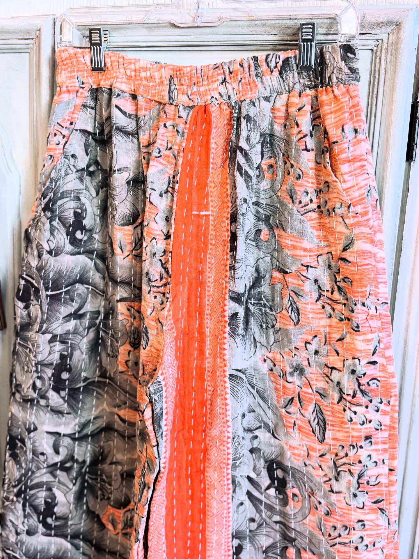 Charcoal Bloom – Handmade Kantha Cotton Pants | Wide Leg Boho Trousers