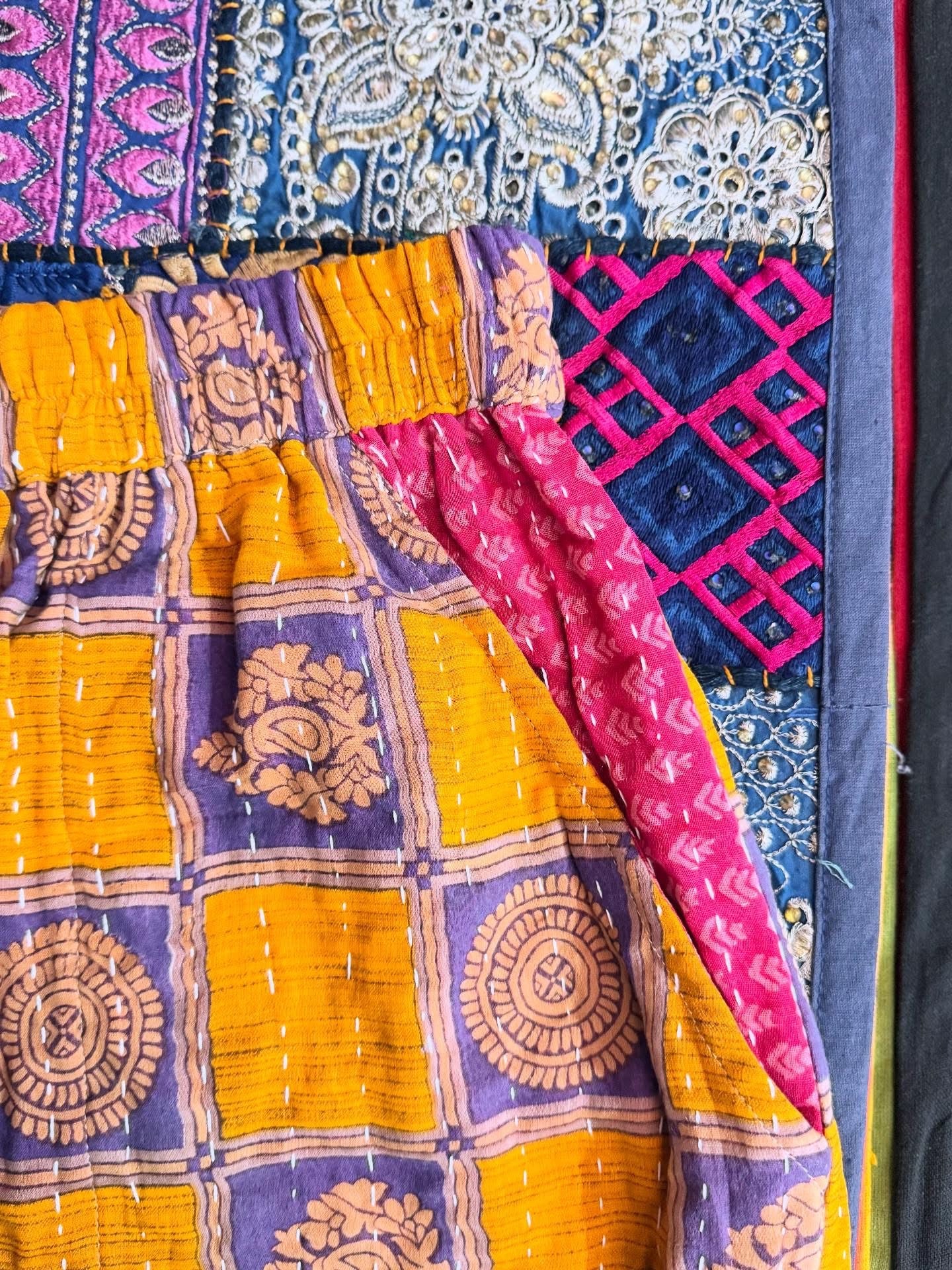 Saffron Squares – Handmade Kantha Cotton Pants | Wide Leg Boho Trousers