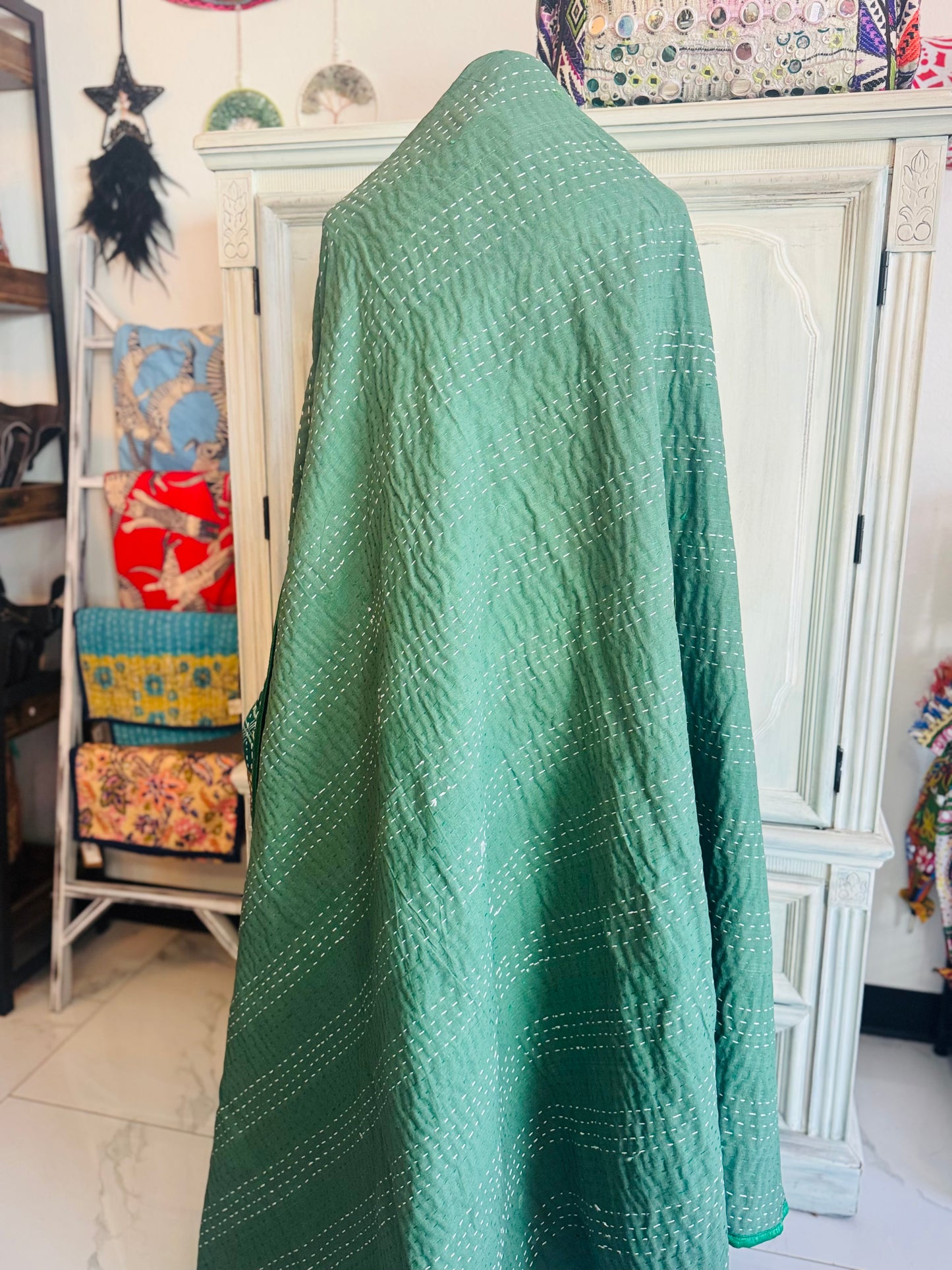 Silk Patchwork Quilt – Royal Green – Twin/Throw – Handmade Kantha | Silk & Cotton