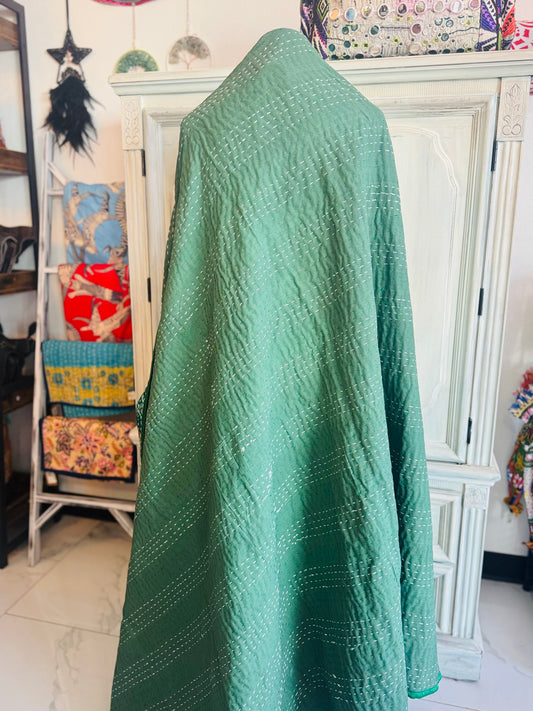 Silk Patchwork Quilt – Royal Green – Twin/Throw – Handmade Kantha | Silk & Cotton