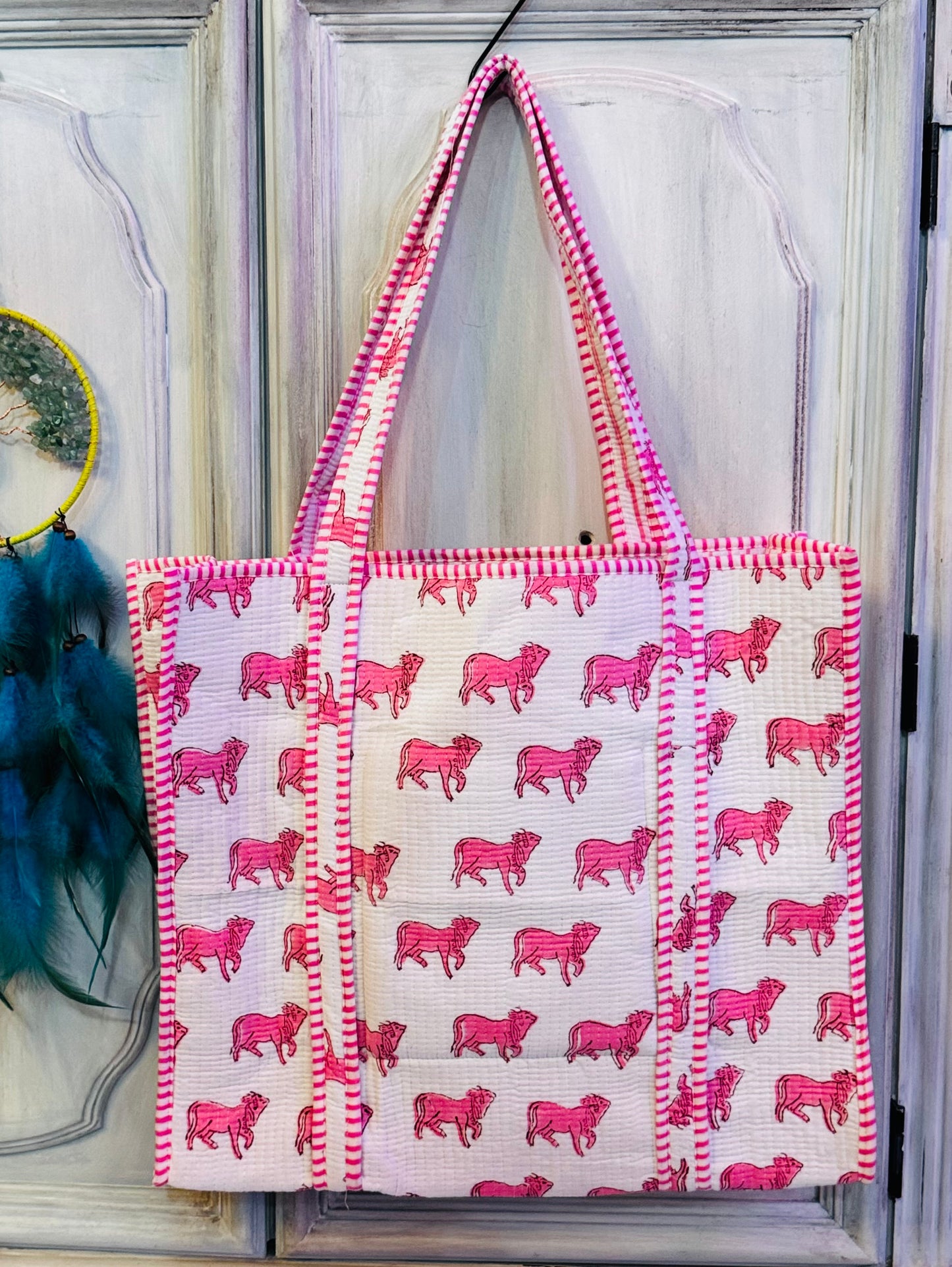 Pink Pasture Tote – Handmade Quilted Cotton Bag | Cow Print Block Print Tote