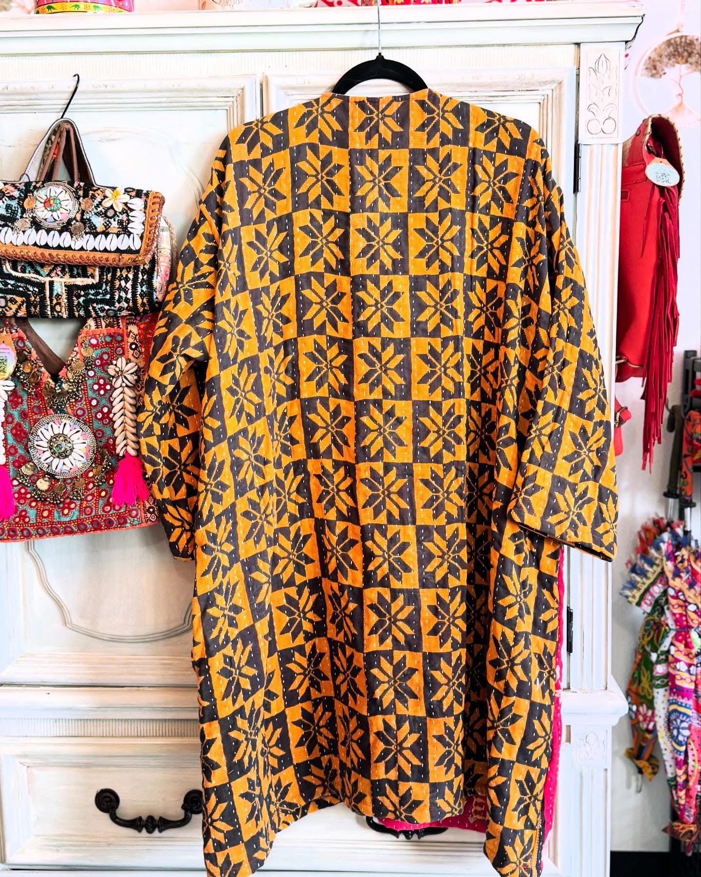 Reversible Kantha Kimono with Black and mustard print made from 100% cotton saree quilts