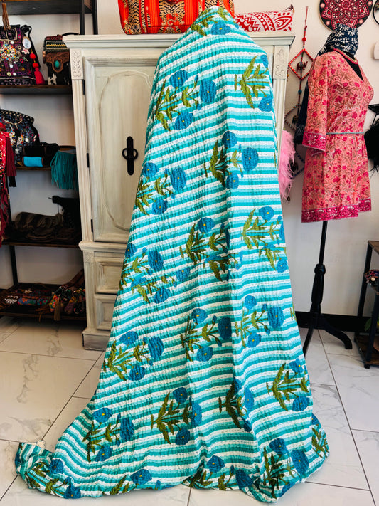 Ocean Bloom – Handblock Printed Kantha Quilt | Cotton | Handmade | Full Size