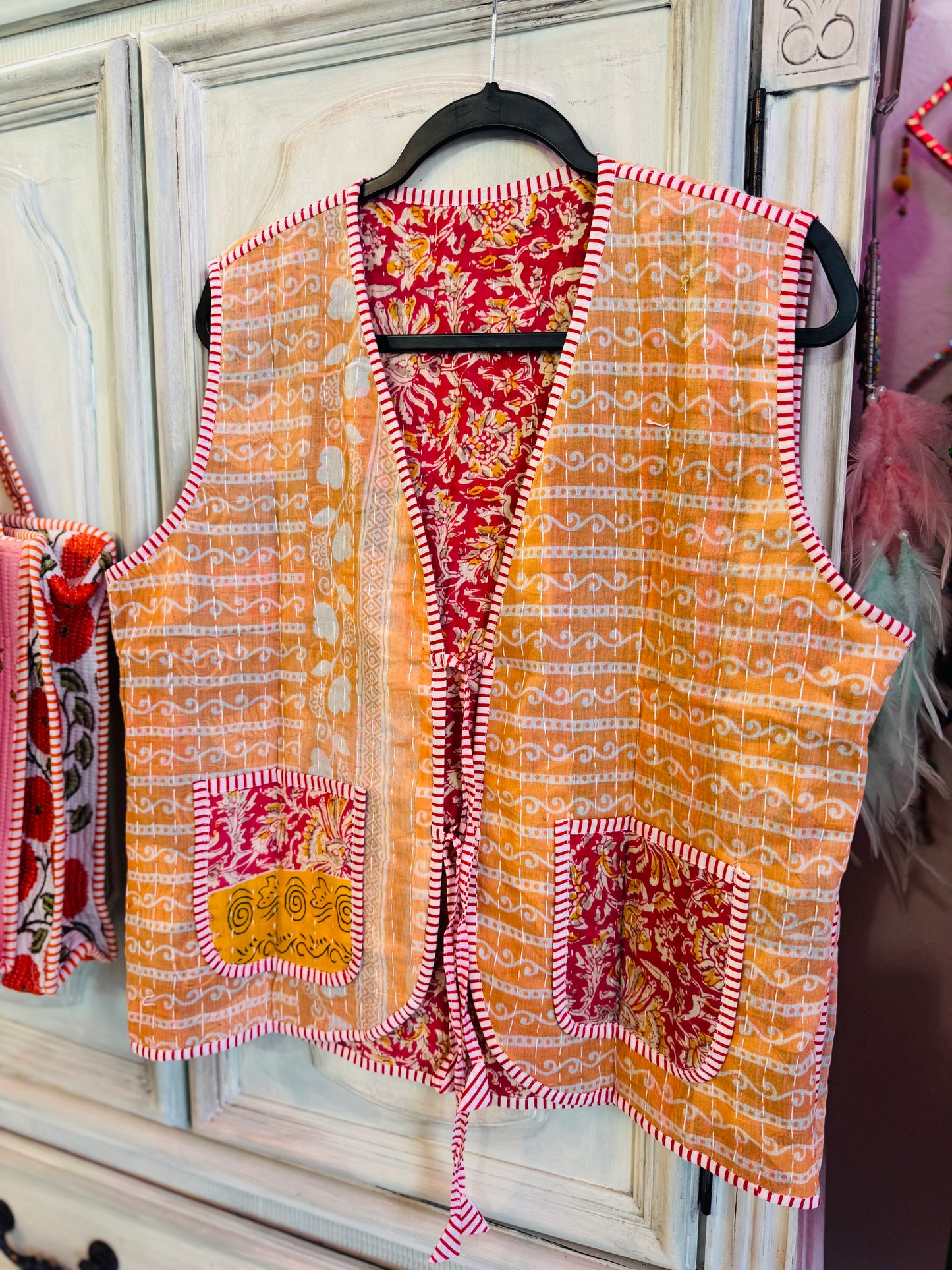 Handmade Reversible Kantha Vest – Saffron | 100% Cotton Jacket