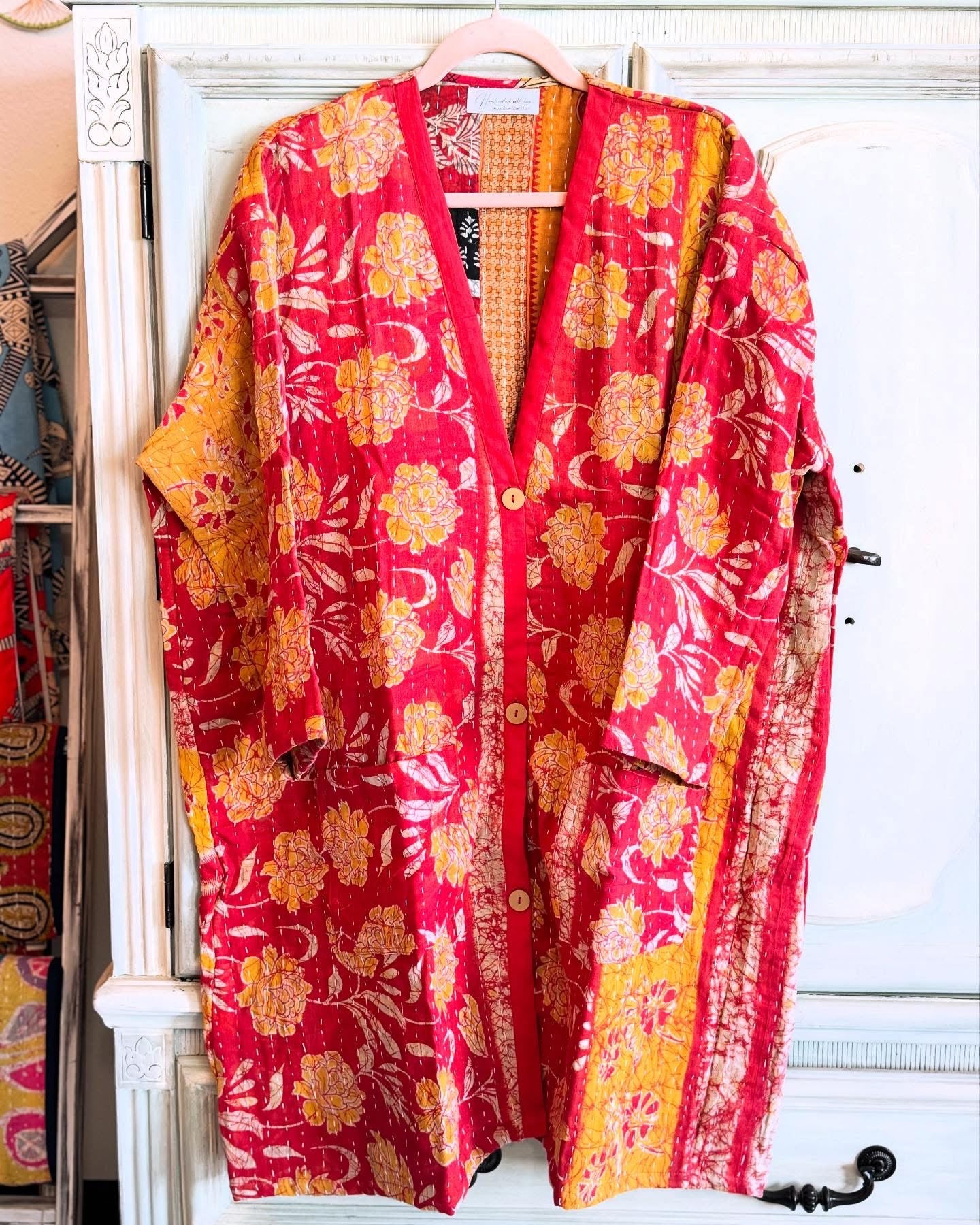 Red and yellow floral patterned kantha kimono handmade with saree quilts 100% cotton