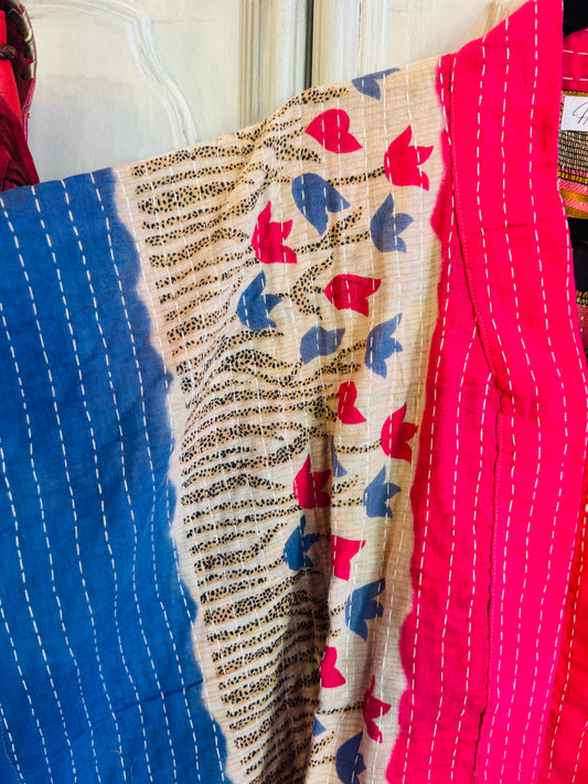 Handmade Kantha Poncho – Crimson Flight | Unisex | 100% Cotton Boho Top