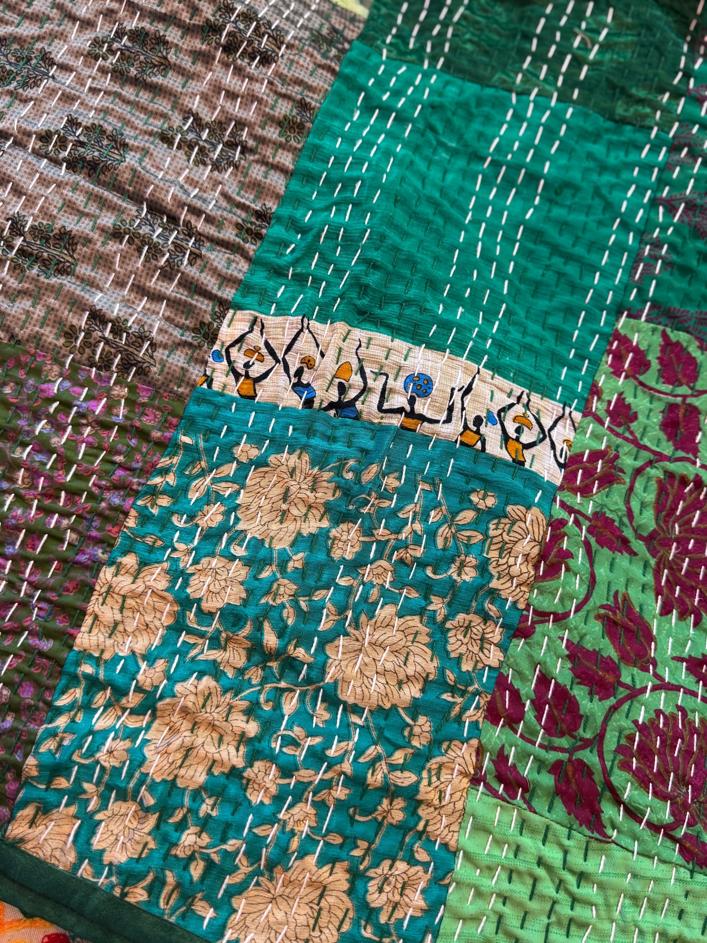 Silk Patchwork Kantha - Green-Queen/ King