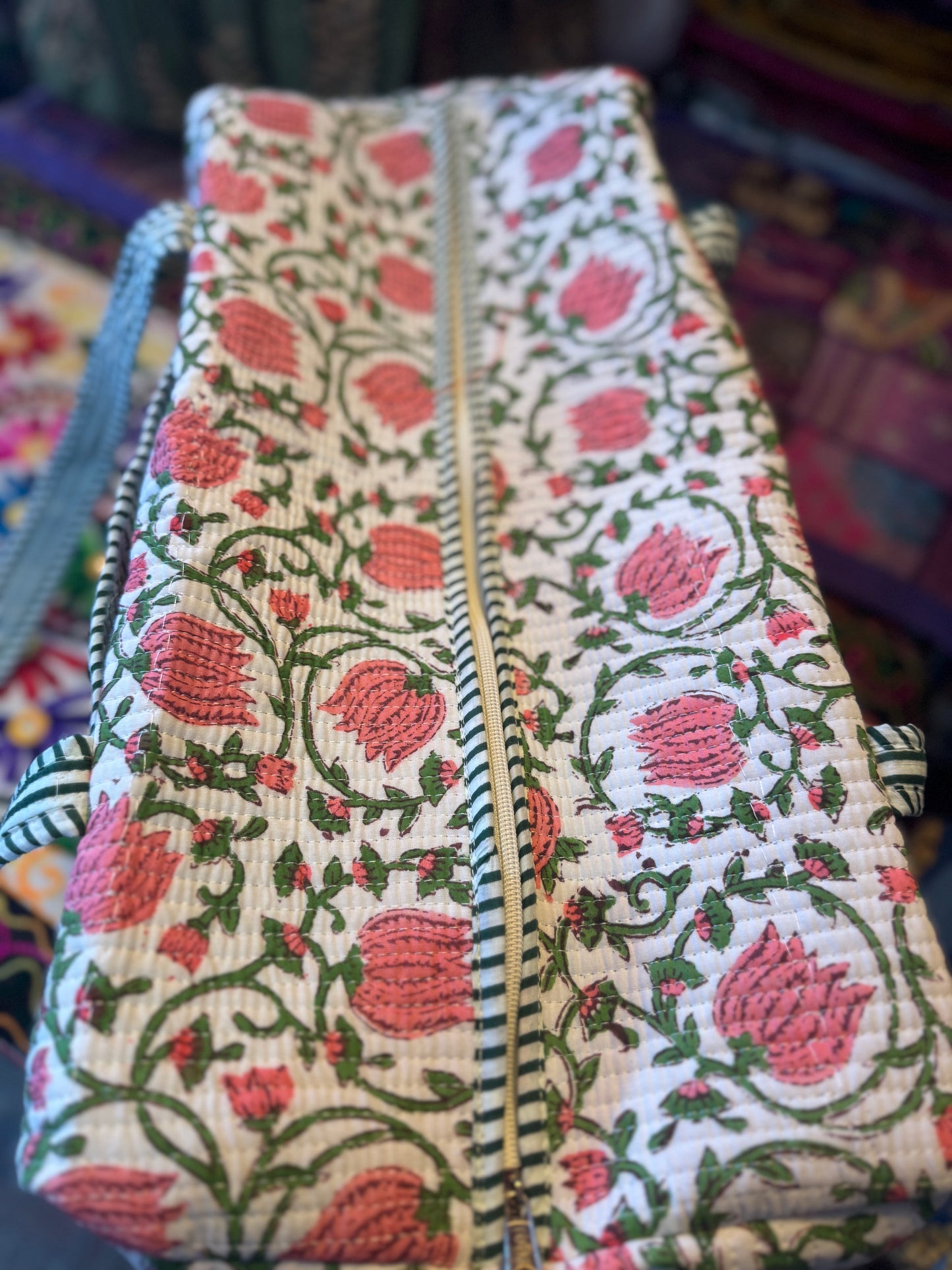 Rosette Bloom Weekender – Handmade Kantha Quilted Duffle | Floral Boho Travel Bag