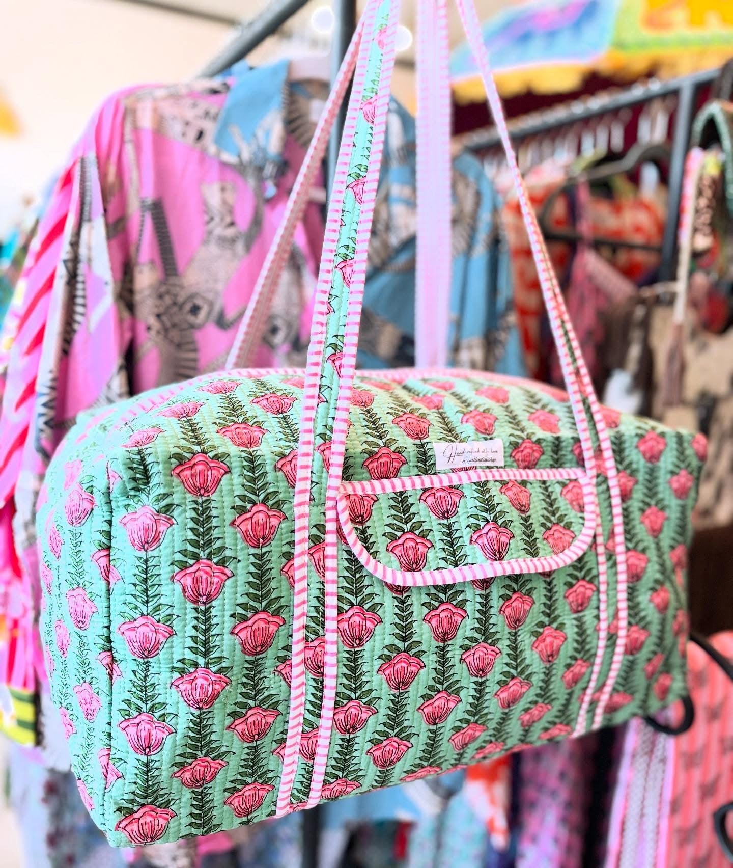 Handmade Quilted Weekender Bag – Pink Floral Block Print – Green