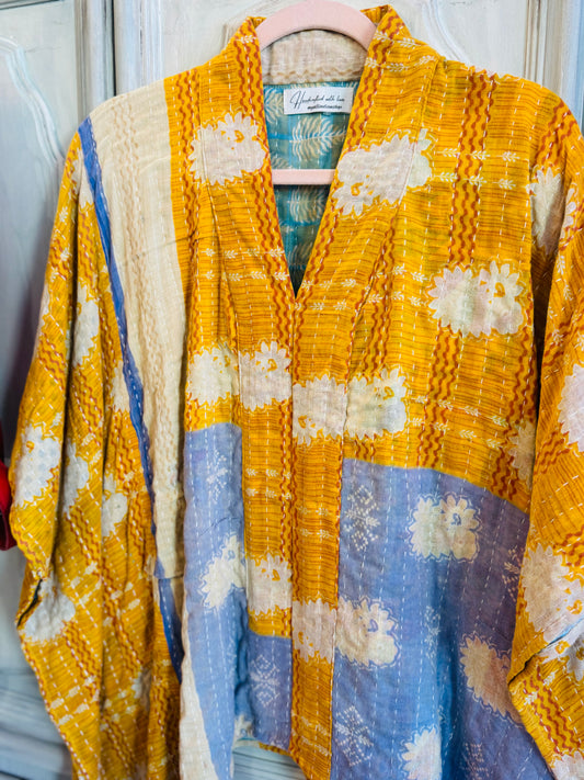 Handmade Kantha Poncho – Sunshine Bloom | Unisex | 100% Cotton Boho Top