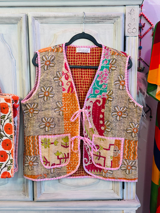 Handmade Reversible Kantha Vest – Marigold | 100% Cotton Jacket