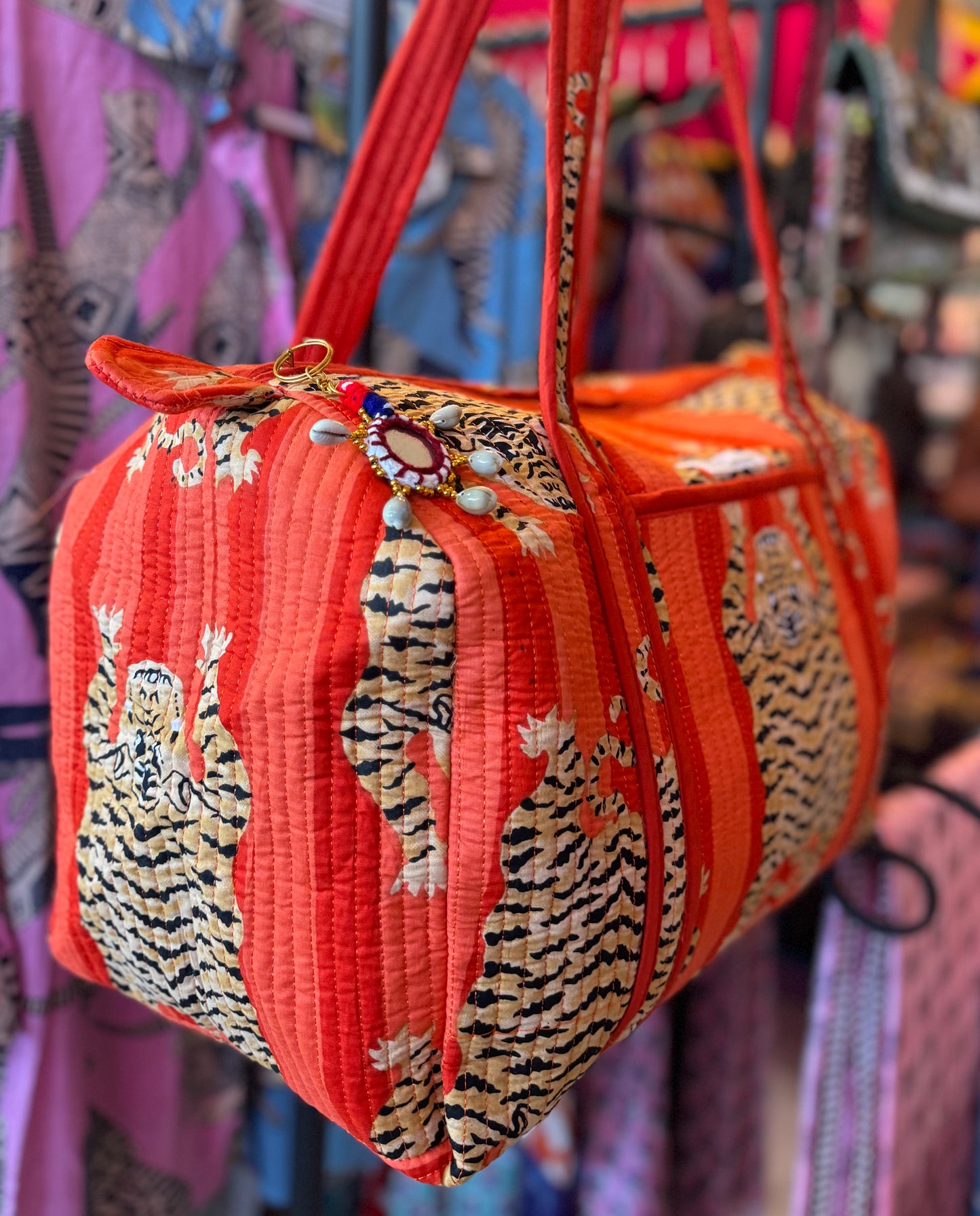 Handmade Quilted Weekender Bag – Tiger Print Travel Duffel – Orange