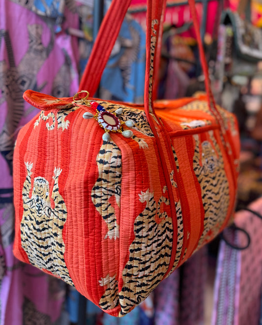 Handmade Quilted Weekender Bag – Tiger Print Travel Duffel – Orange