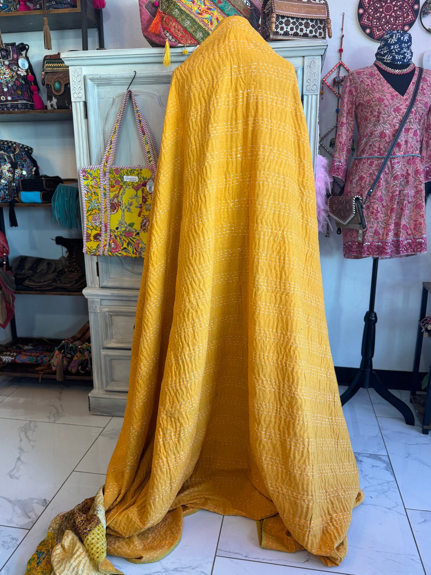 Silk Patchwork Kantha - Yellow- Queen/ King