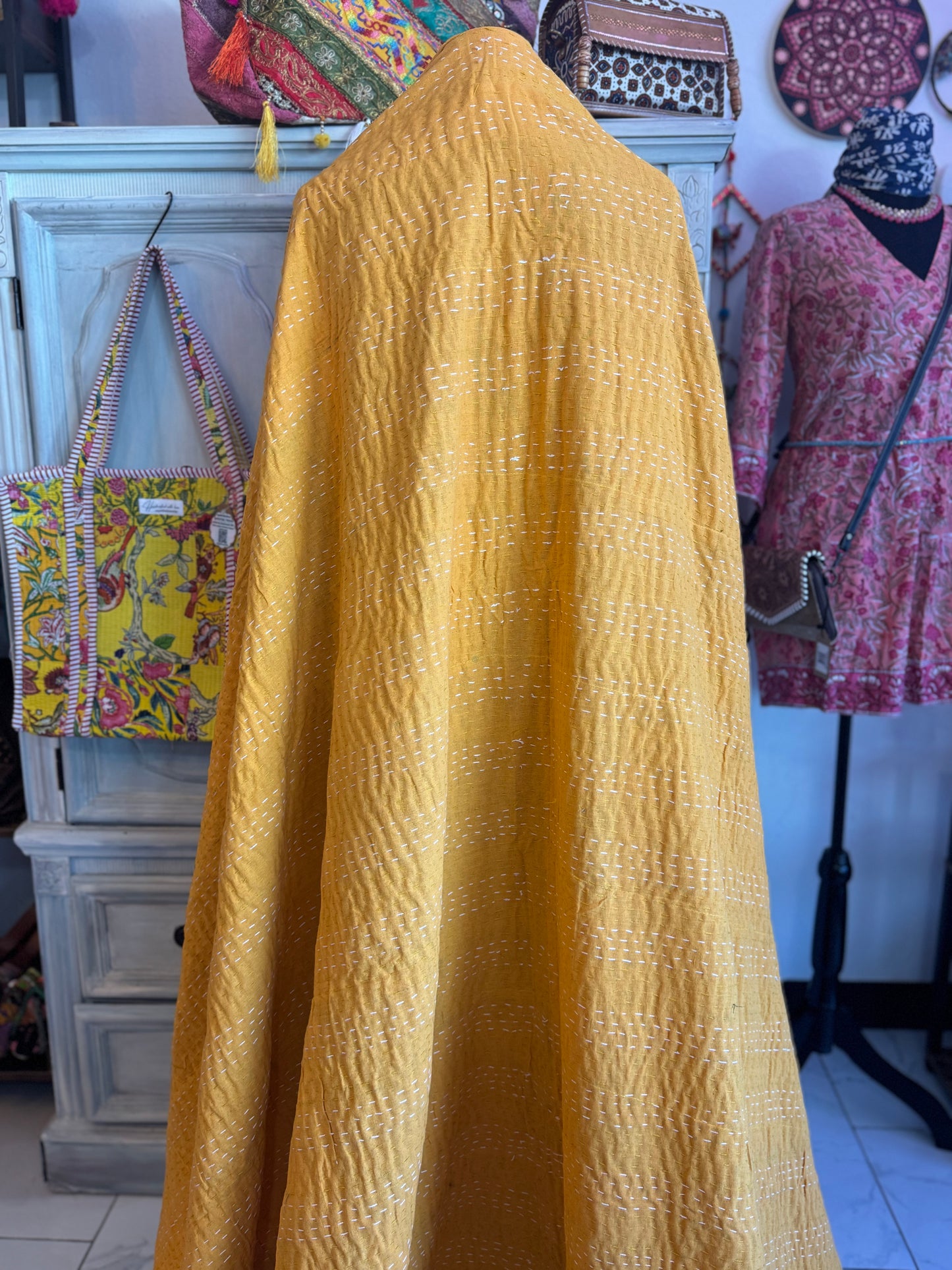 Silk Patchwork Kantha - Yellow- Queen/ King