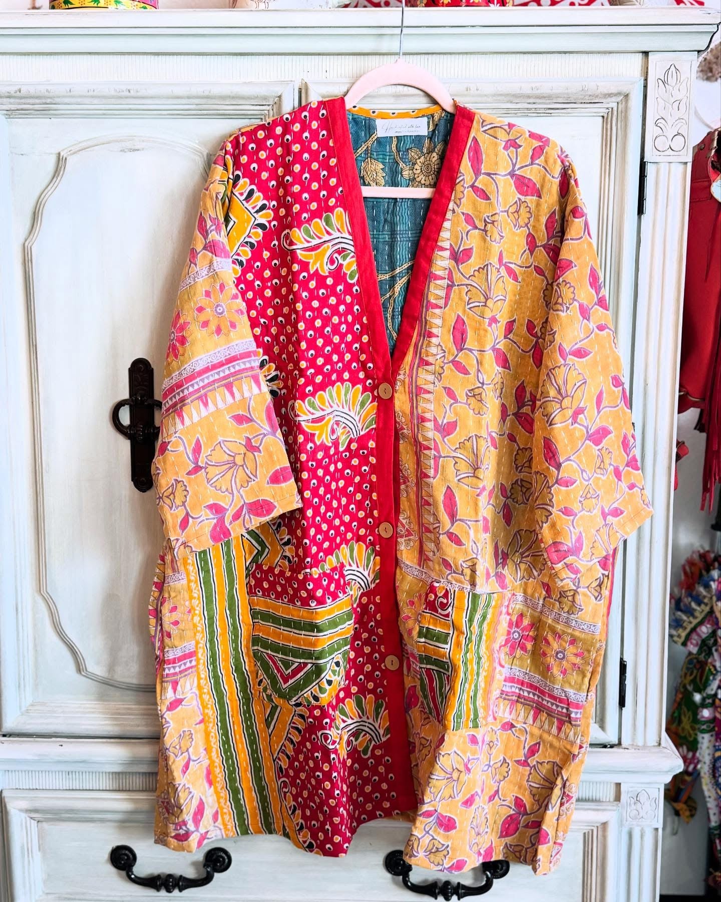 Colorful patterned kimono  100% cotton vintage kantha saree quilts