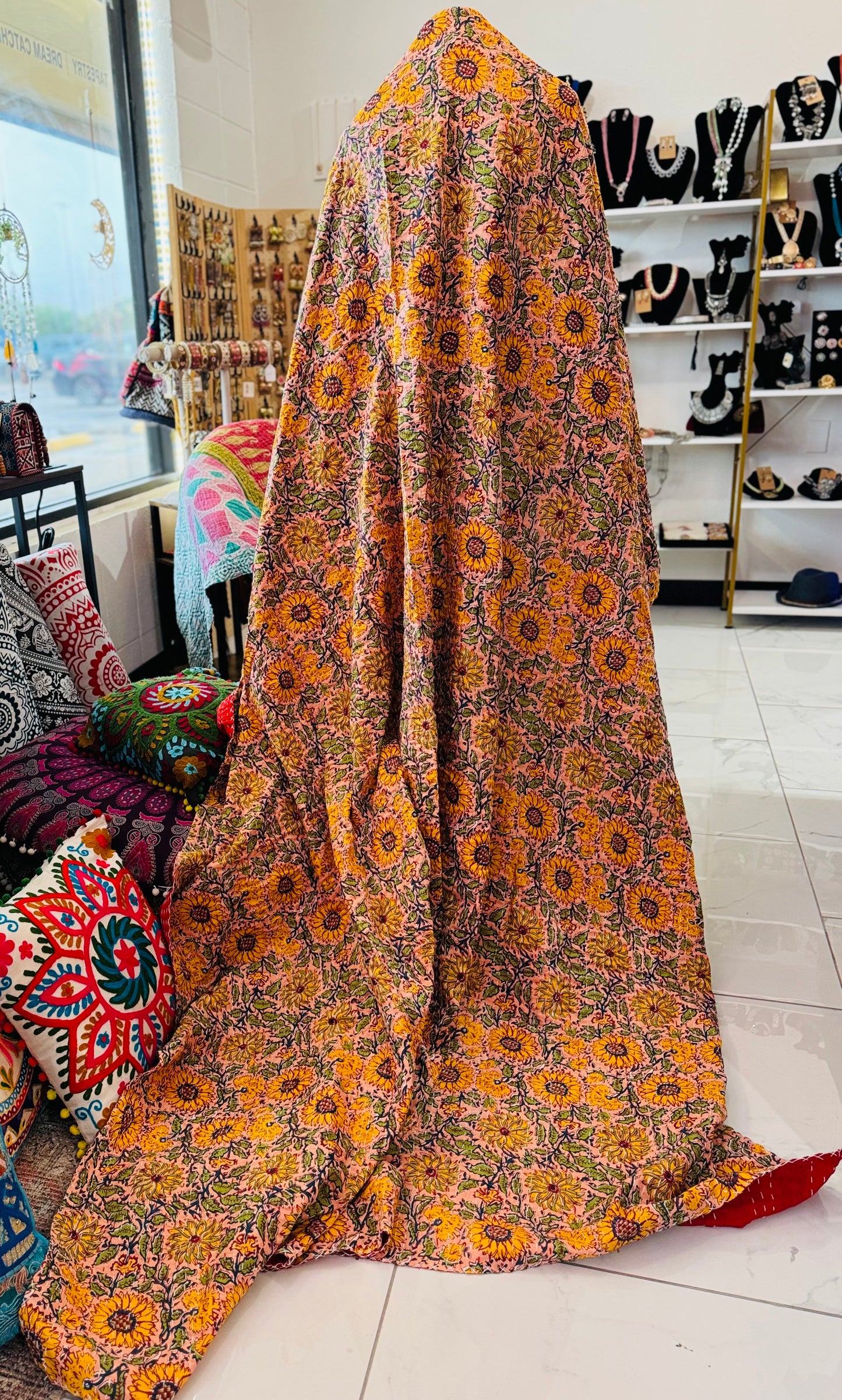 Sunflower Field - Handblock Printed Kantha Quilt – 100% Cotton | Handmade