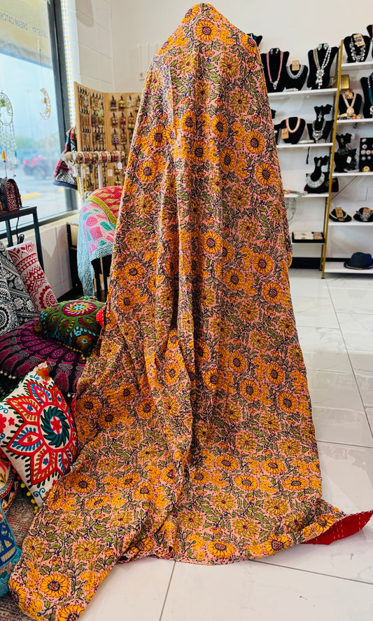 Sunflower Field - Handblock Printed Kantha Quilt – 100% Cotton | Handmade