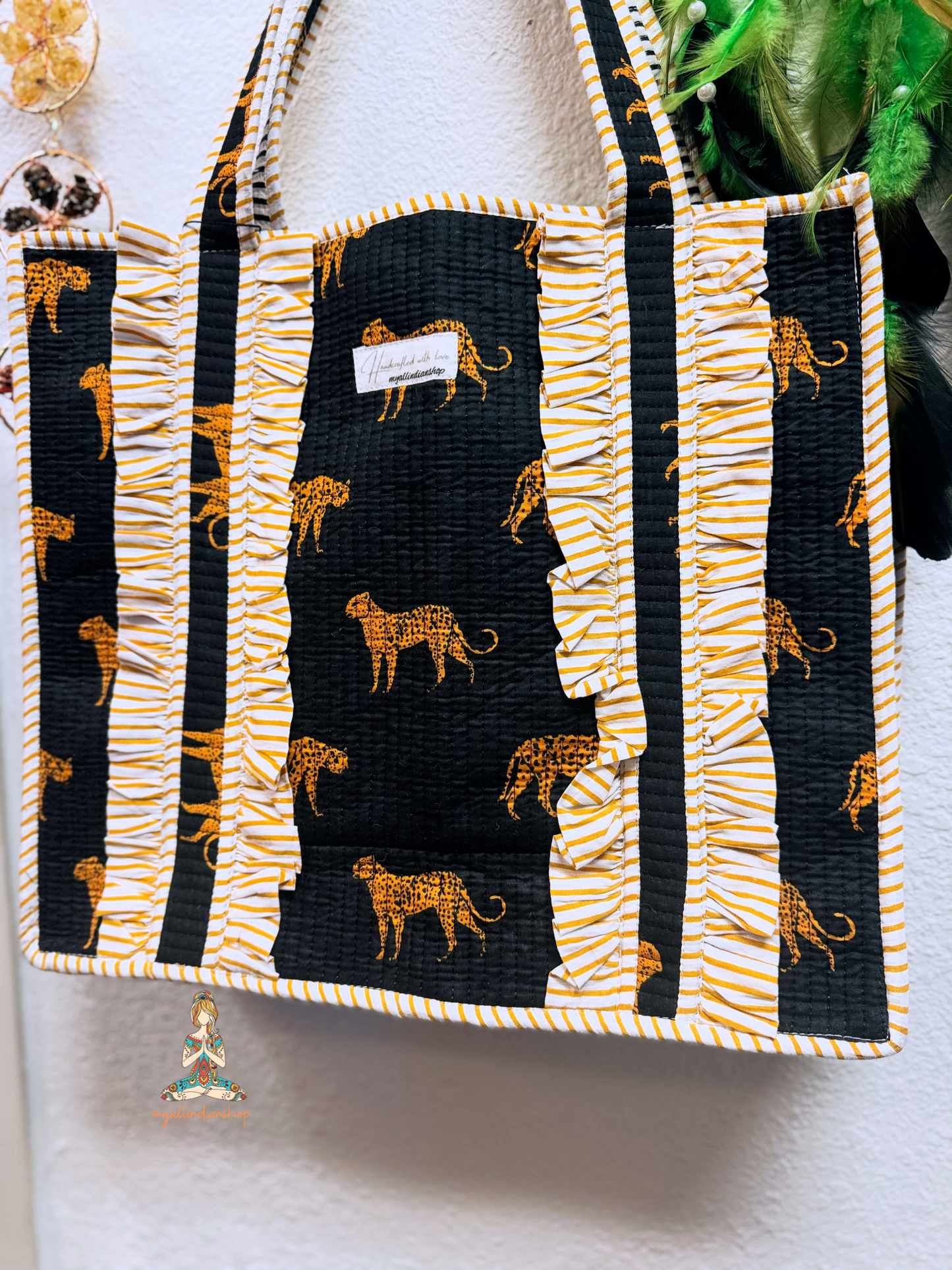 Black Cheetah Silhouette Reversible Quilted Tote Bag | Gold Cheetah Hand Block Print Ruffle Tote
