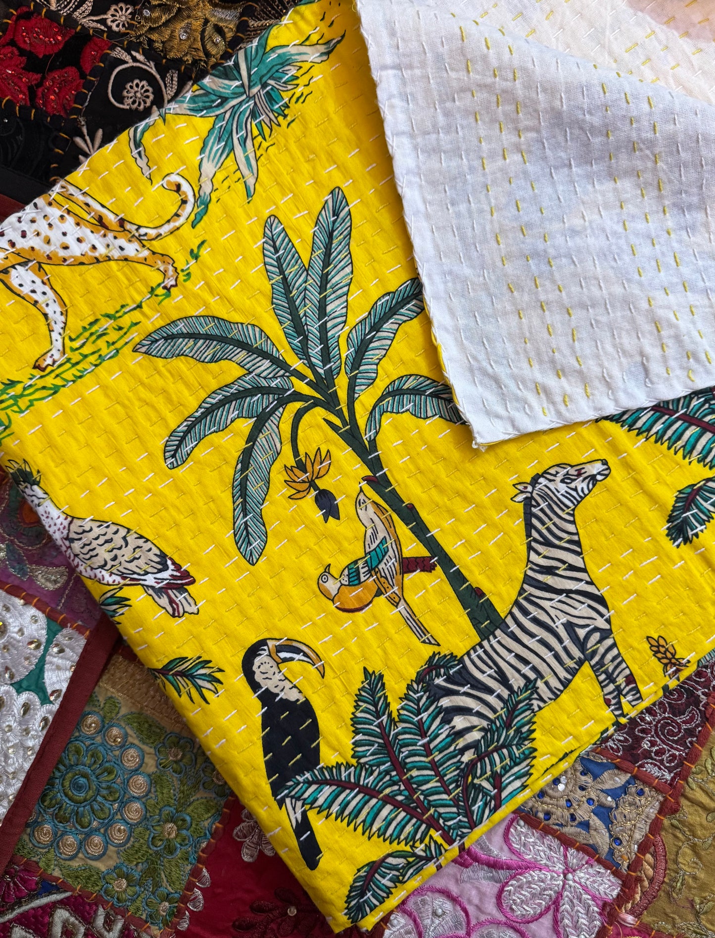 Jungle Print- Yellow- Handblock Printed Kantha Quilt | Cotton | Handmade