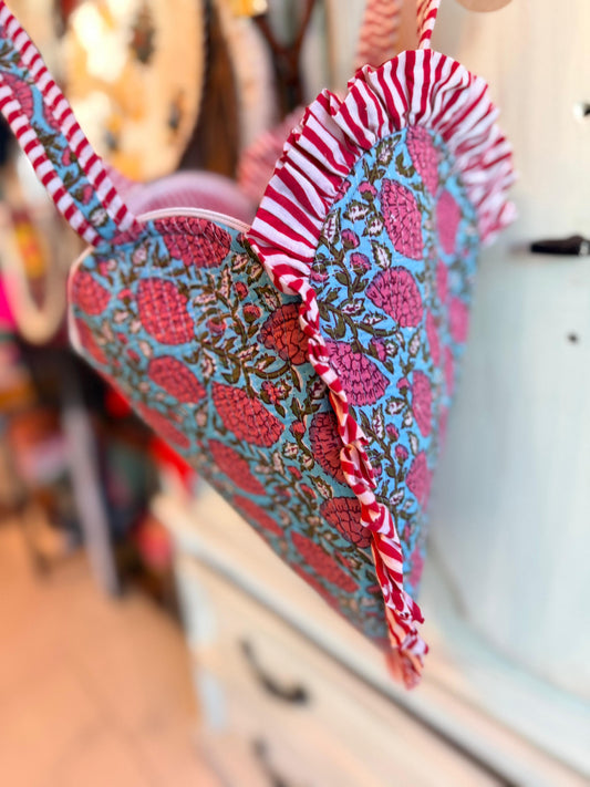 Blueberry Vine Heart Tote – Handmade Quilted Cotton Bag with Zipper & Frill Detail | Cottagecore Gift
