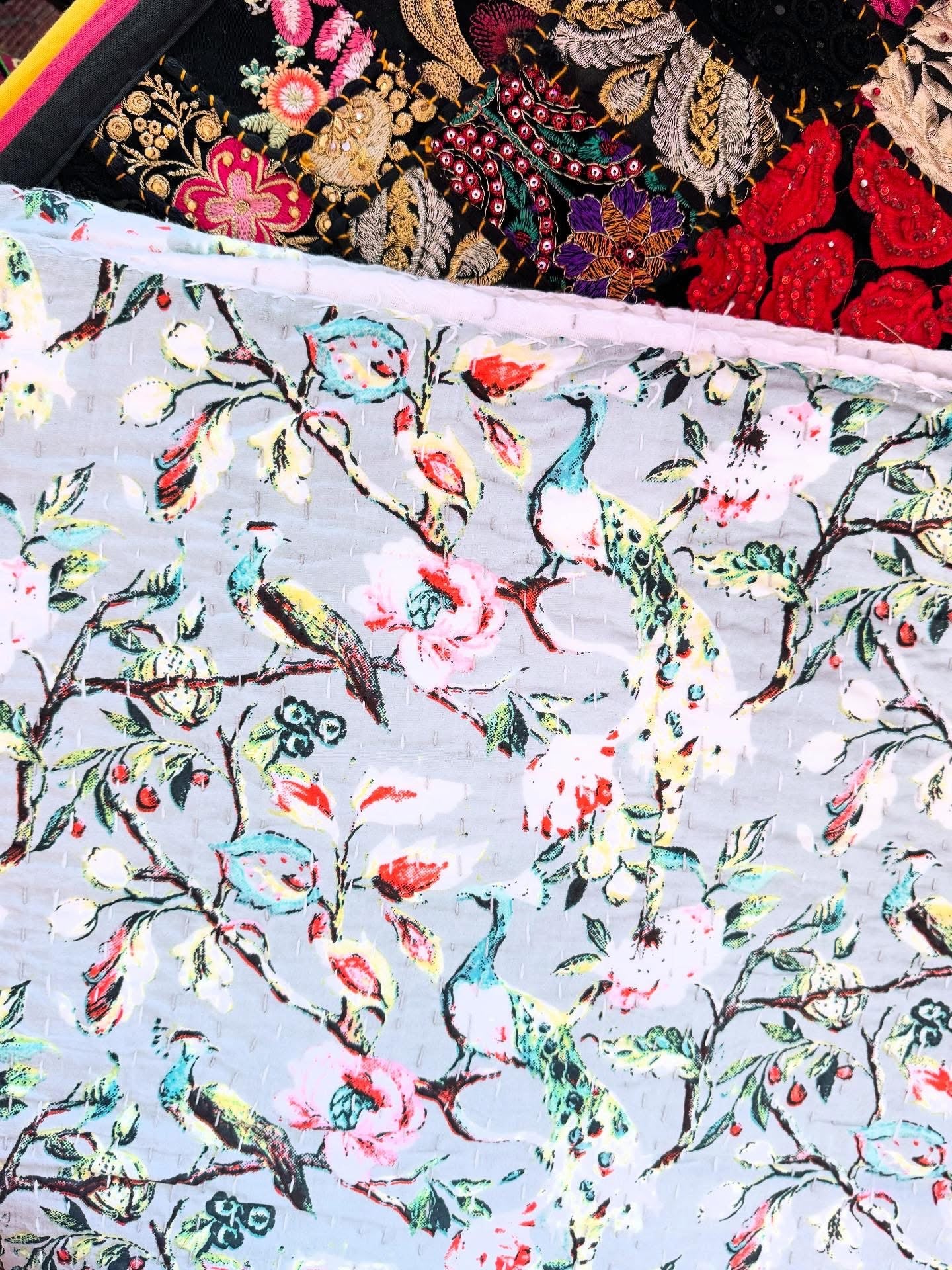 Peacock Garden – Handblock Printed Kantha Quilt – 100% Cotton | Handmade