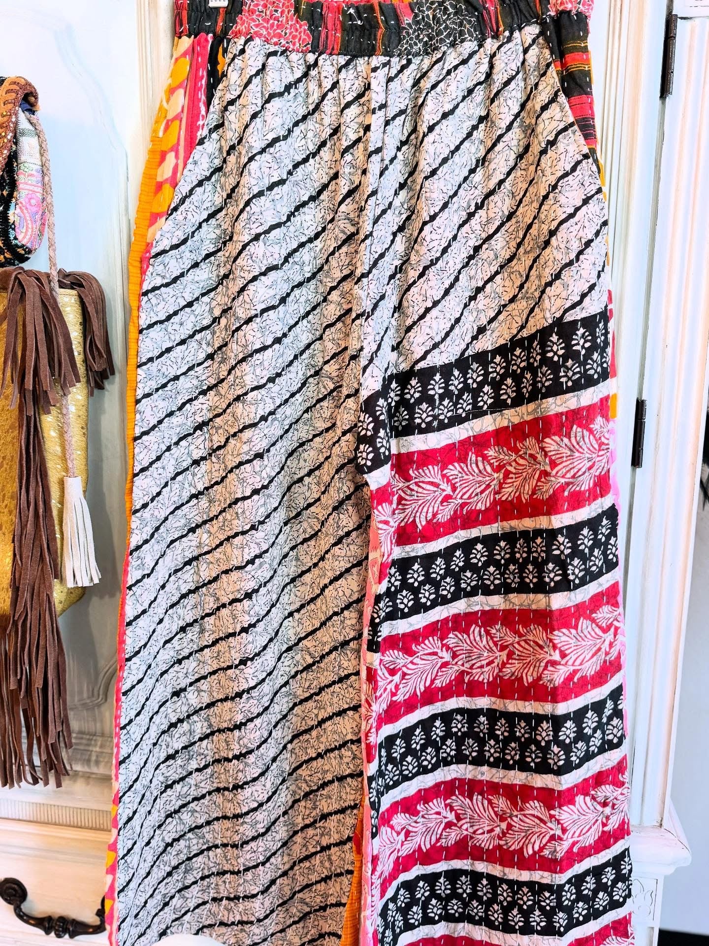 Monochrome Mix – Handmade Kantha Cotton Pants | Wide Leg Boho Trousers