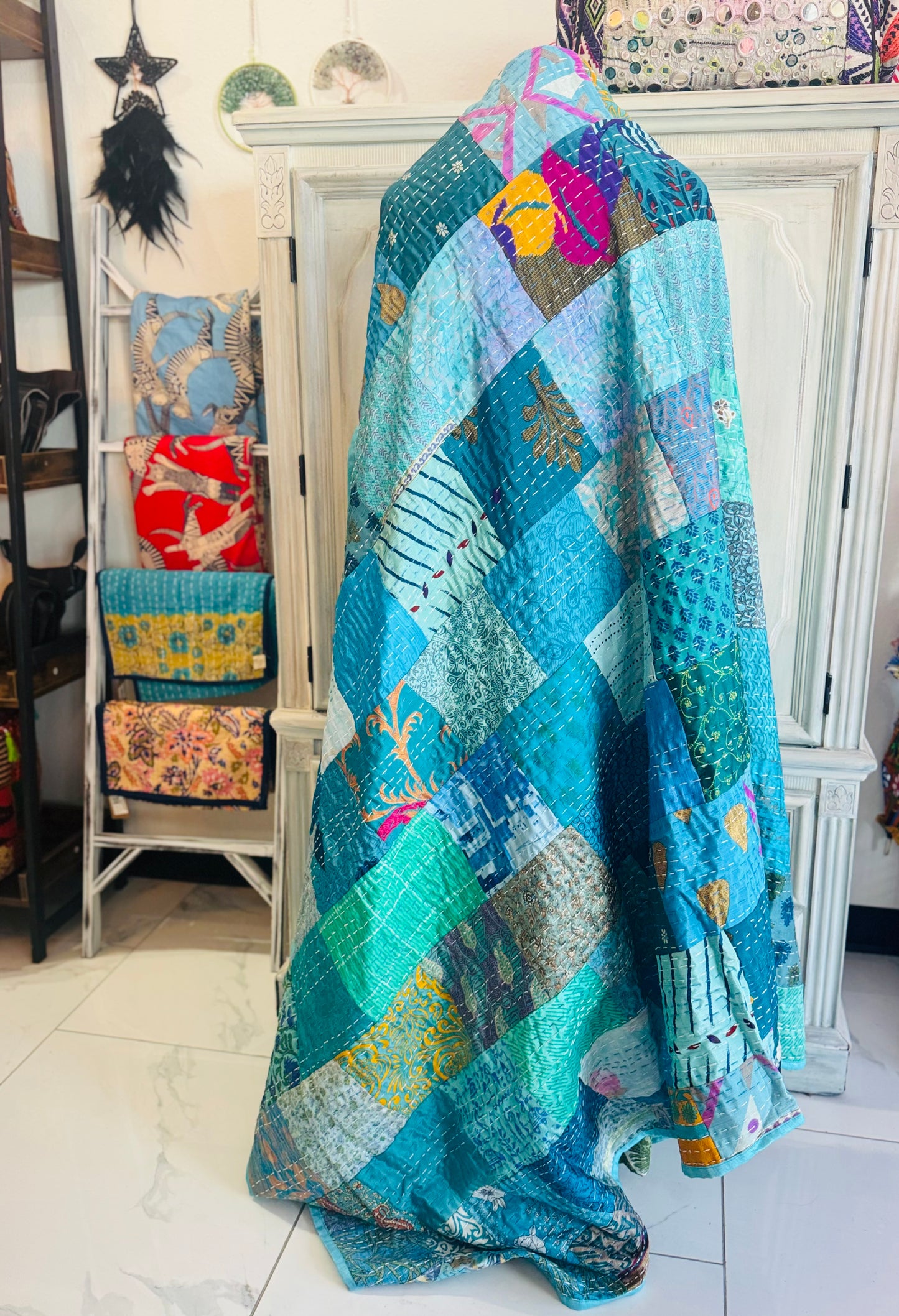 Silk Patchwork Quilt Turquoise- Full
