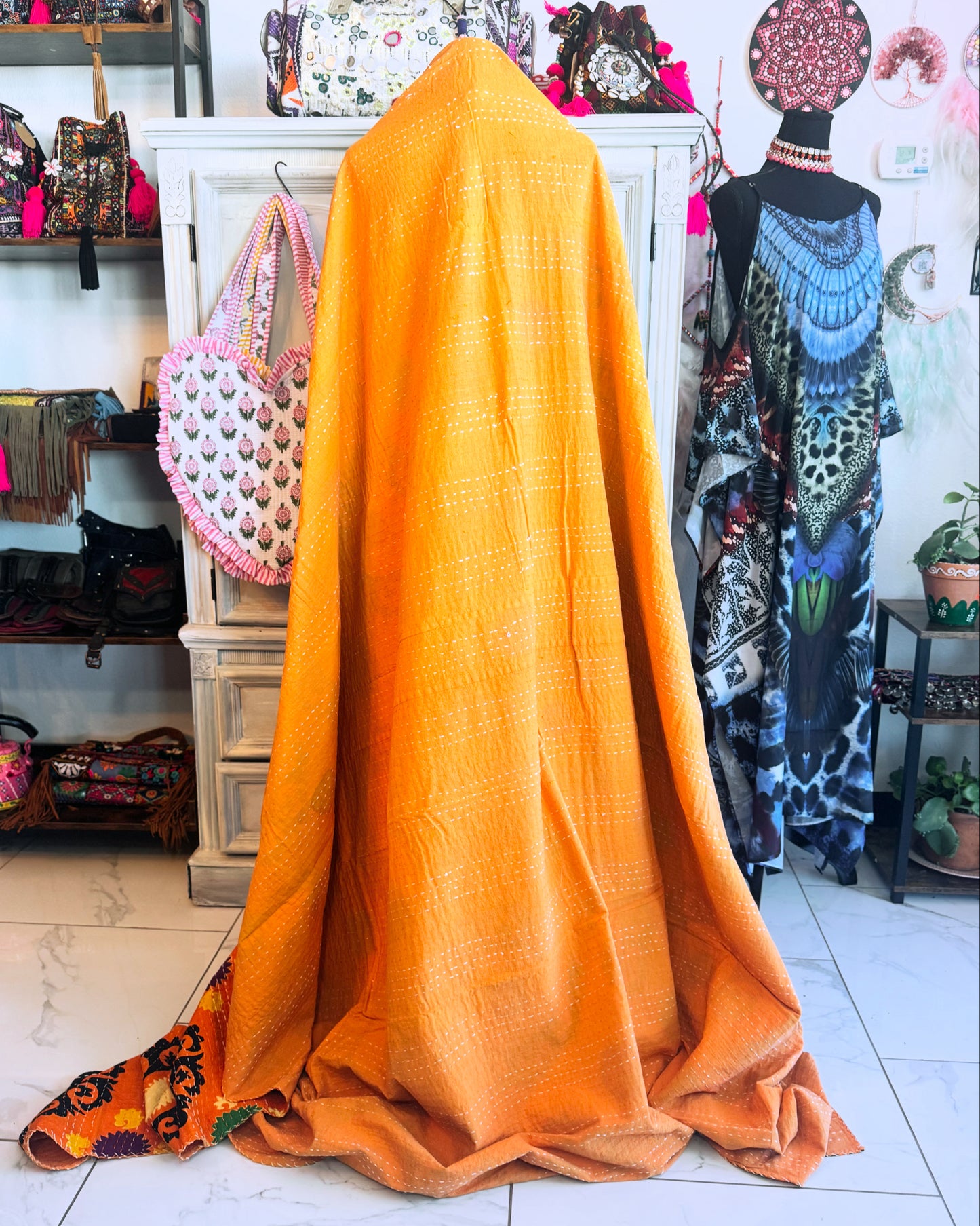 Sunburst Ember Kantha Quilt - 100% Cotton Handmade Blanket | Handblock Print Bedspread (84x106)